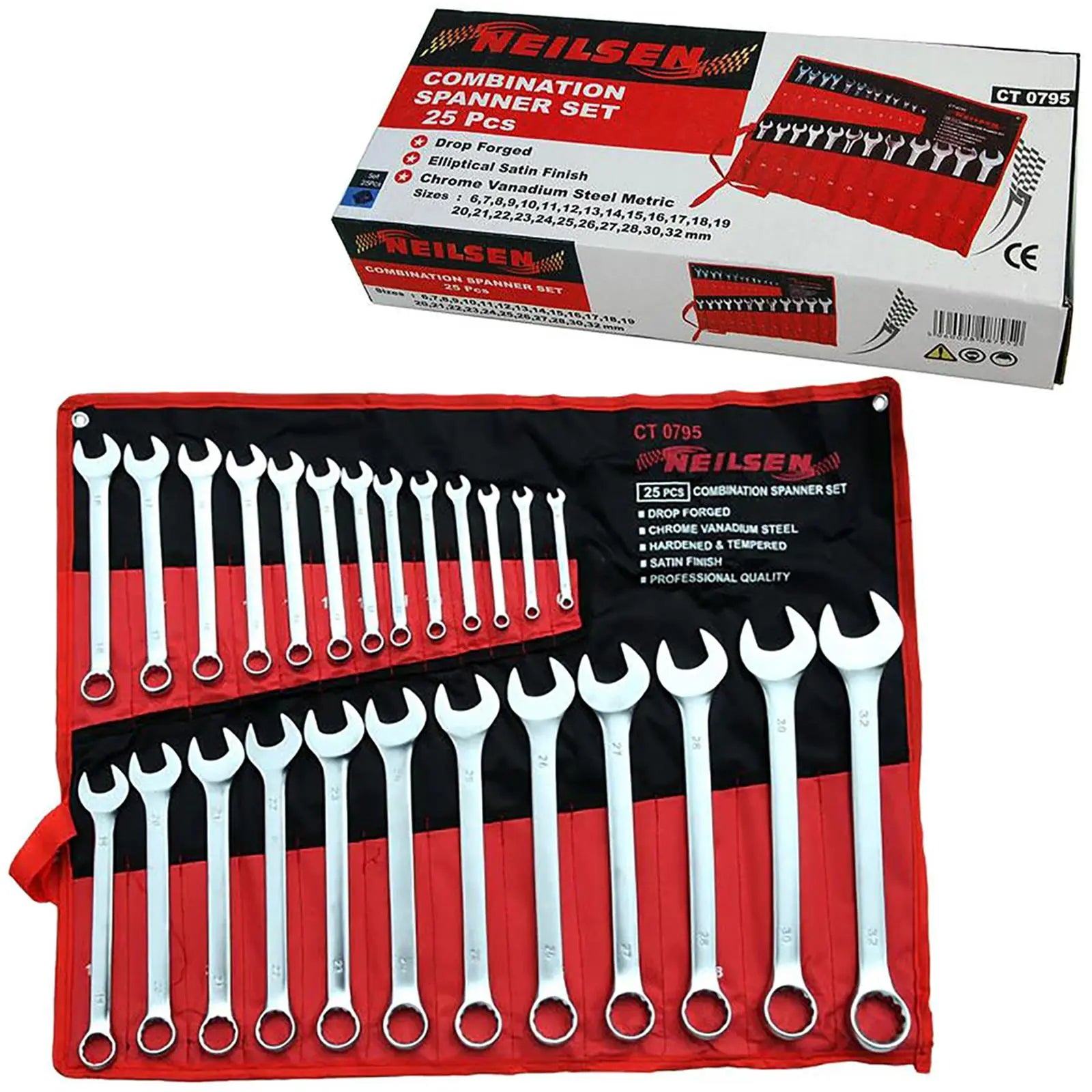 Neilsen Combination Spanner Set Metric Combo Open End Ring Garage Tool Set 25pc  White Rose Tools