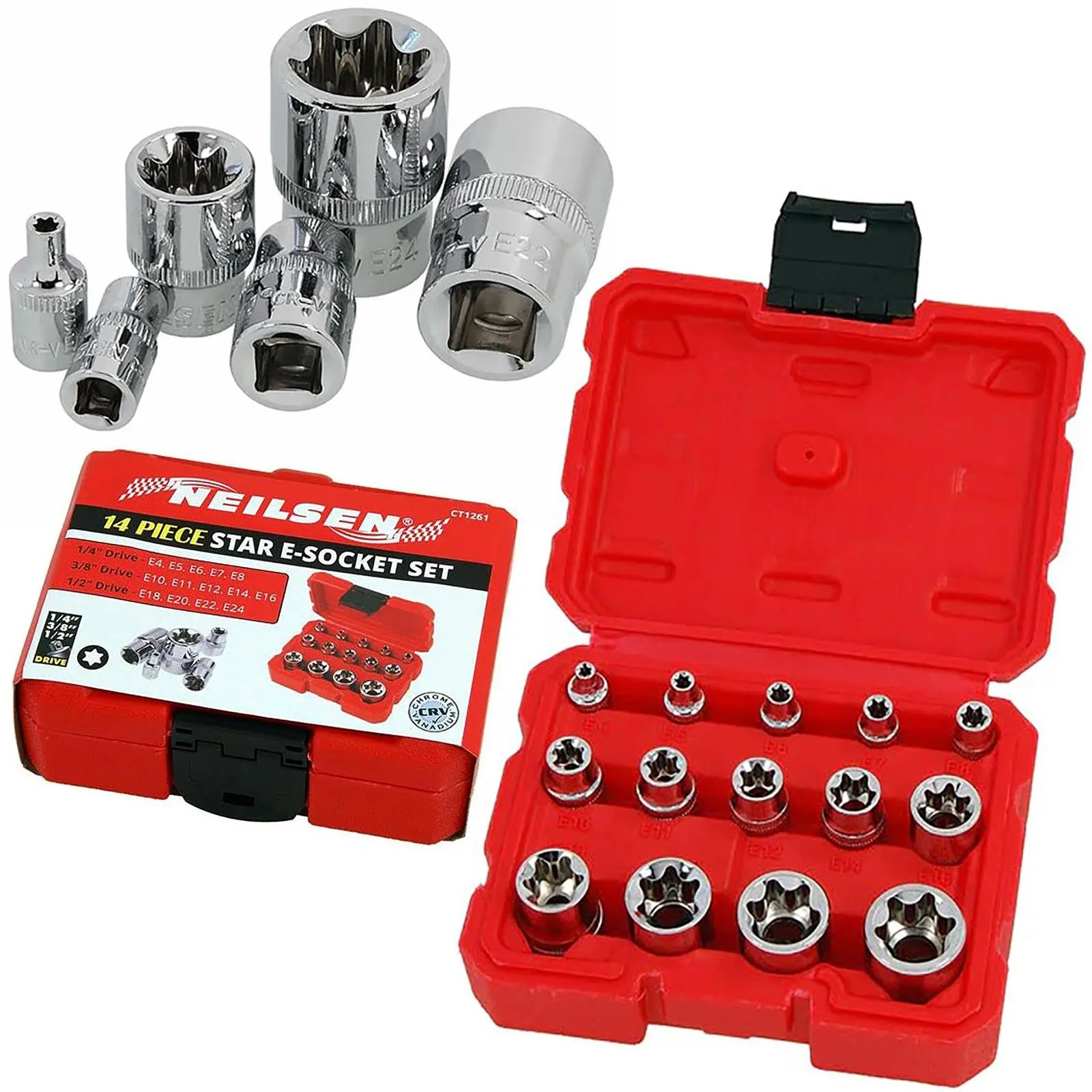 Neilsen E Socket Set External Torx Star Female Garage Mechanic 1/4" 3/8" 1/2" Drive  White Rose Tools