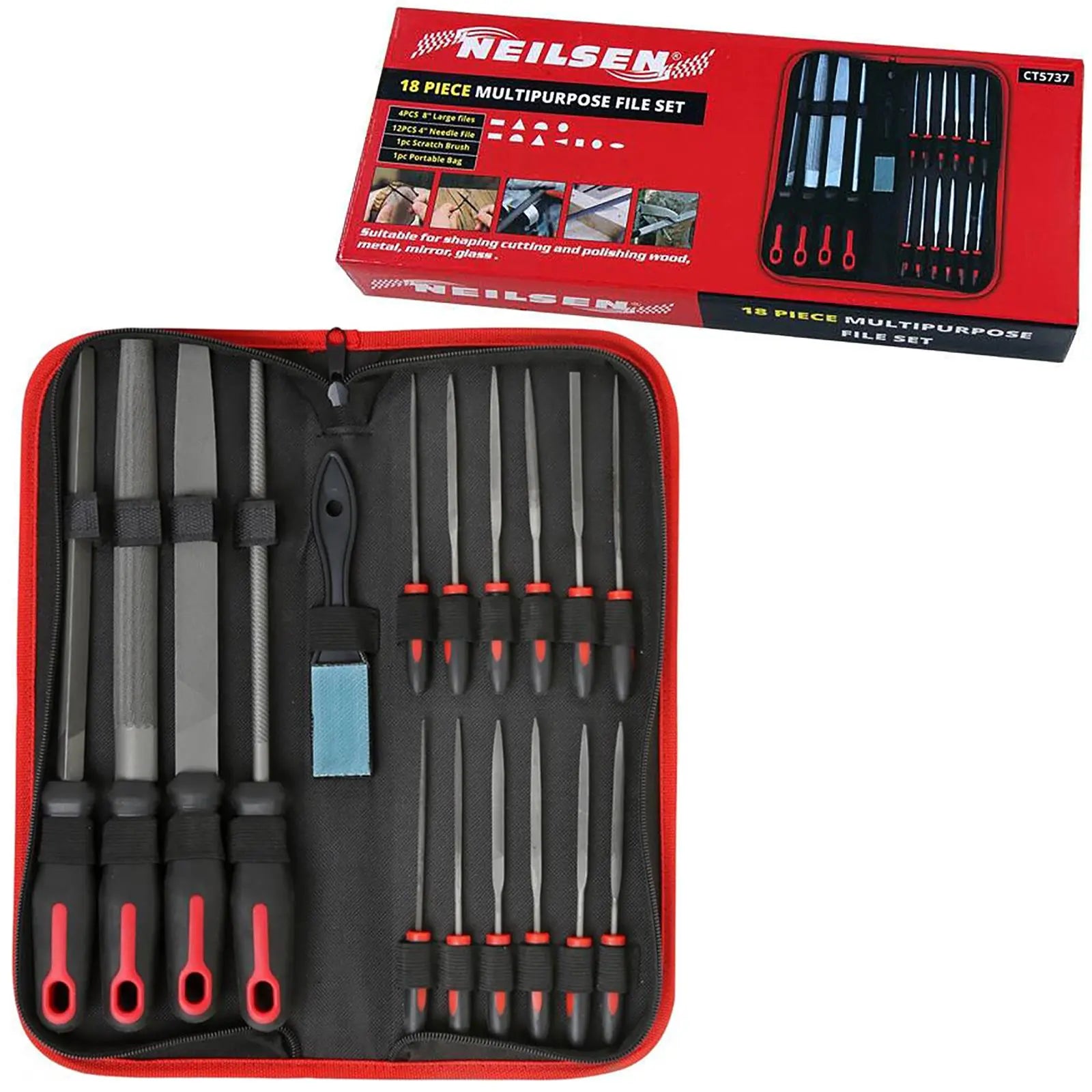 Neilsen File Set Metal Wood Engineers Needle Half Round Square Flat 18pc  White Rose Tools