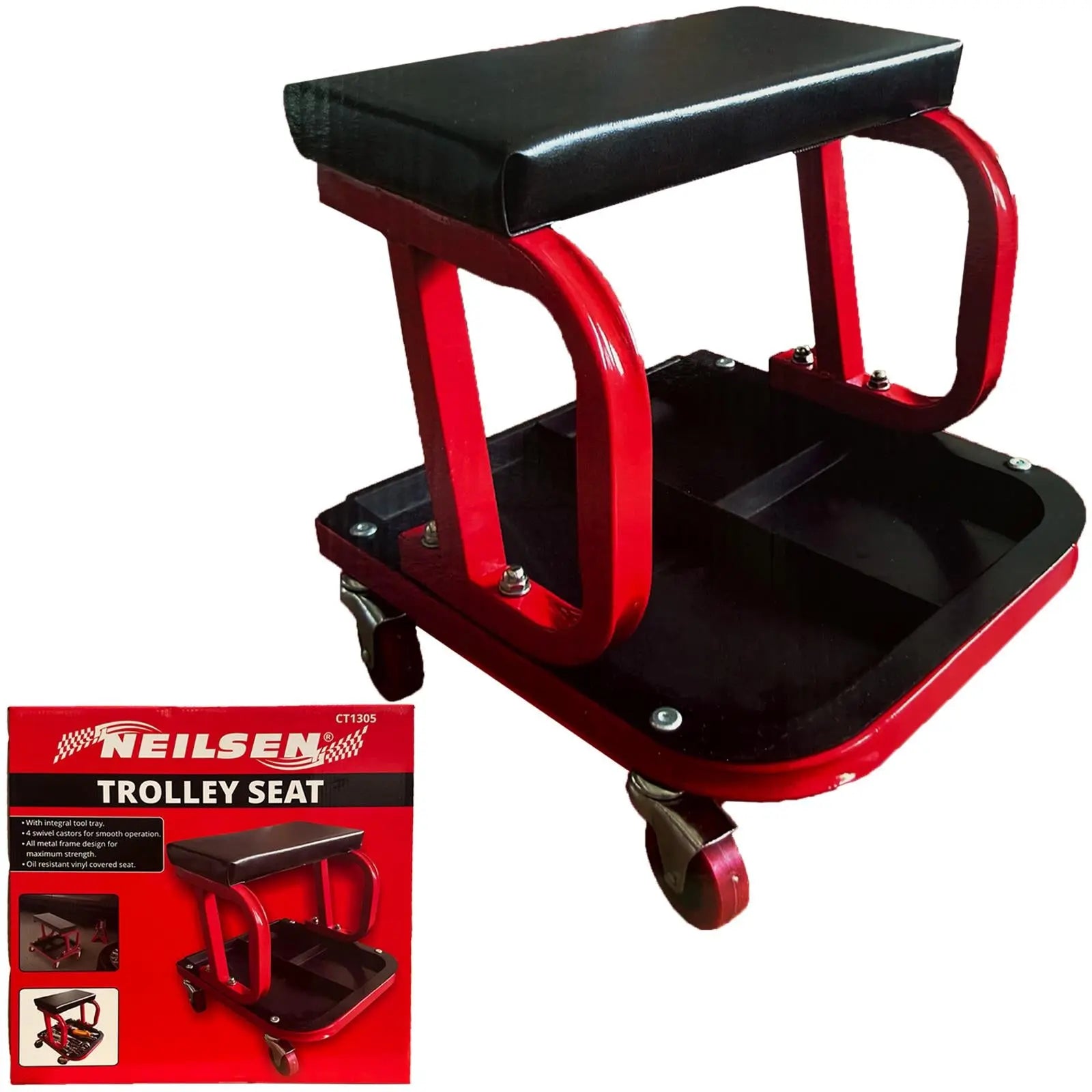 Neilsen Mechanics Padded Creeper Trolley Seat Garage Work Stool Swivel Wheels  White Rose Tools