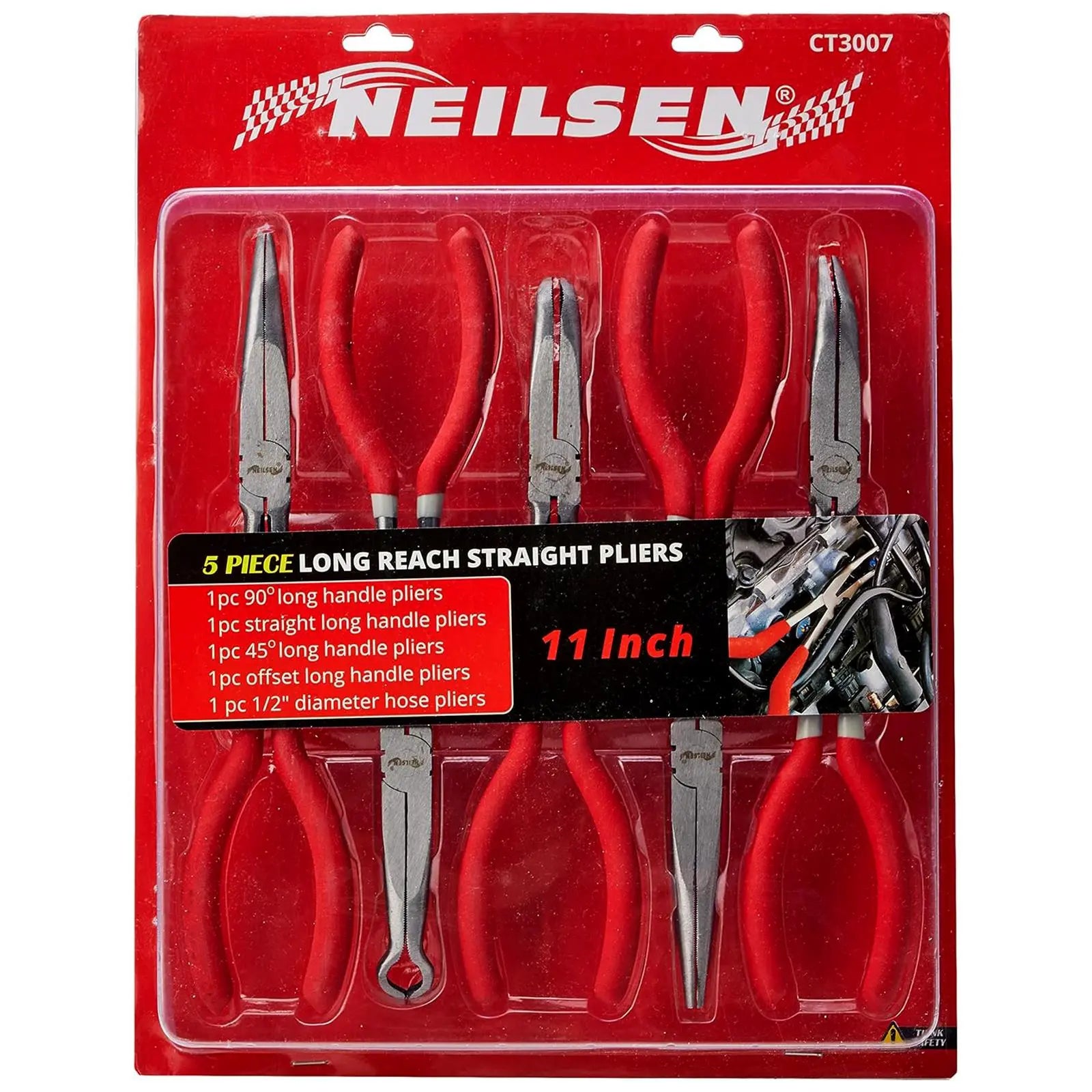 Neilsen Pliers Set Long Reach Straight Bent Nose Hose Garage Mechanic 5pc 11  White Rose Tools