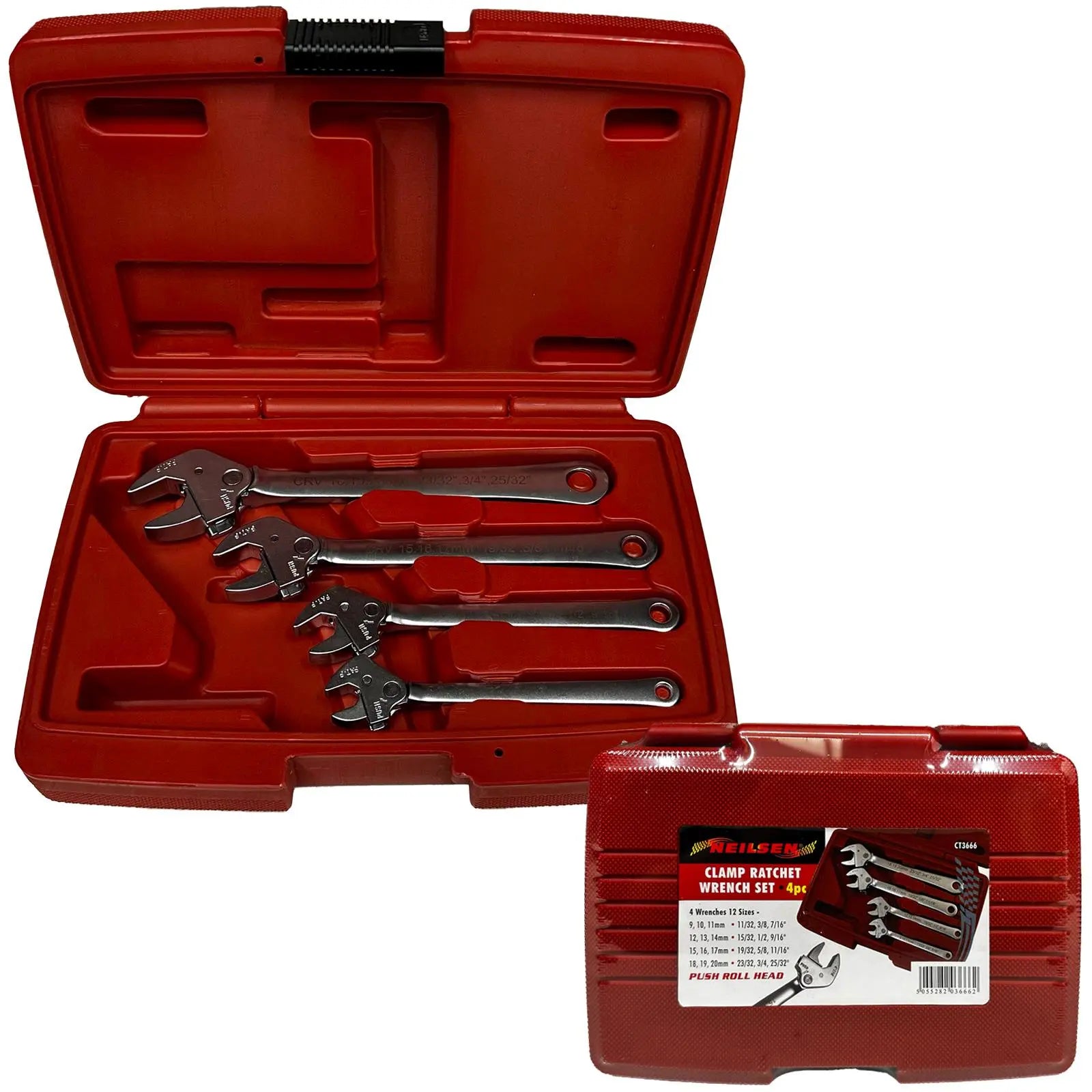 Neilsen Ratchet Spanner Wrench Clamp Set Push Roll Head 9-20mm 4 Piece  White Rose Tools