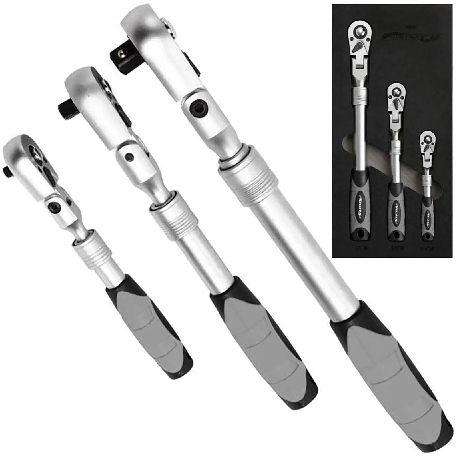Neilsen Telescopic Ratchet Handle Set Flexible Head Extendable 1/4" 3/8" 1/2" Drive  White Rose Tools
