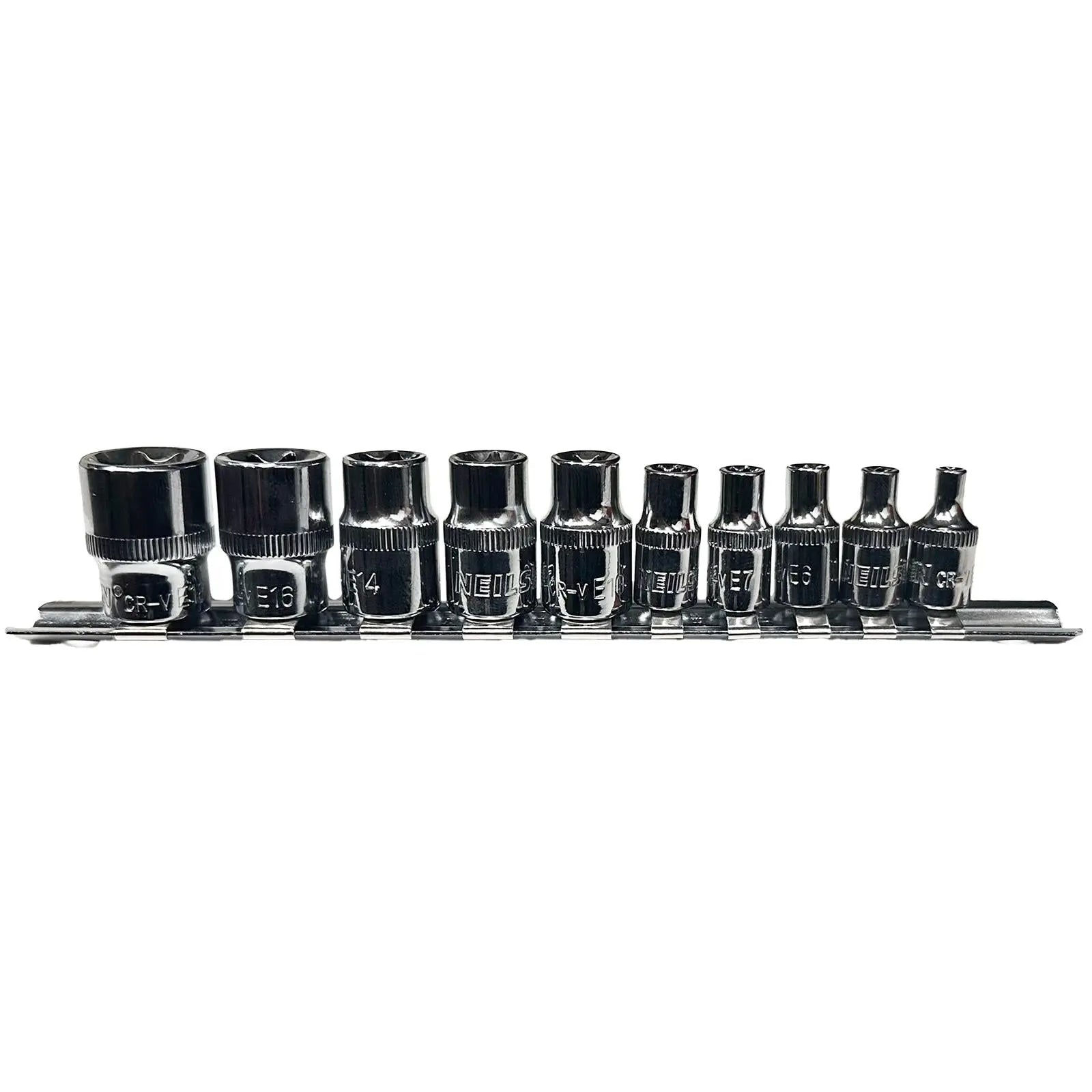 Neilsen Torx Star Socket Set Female External Socket Rail 1/4" 3/8" Drive E4-E16 10 Pieces  White Rose Tools