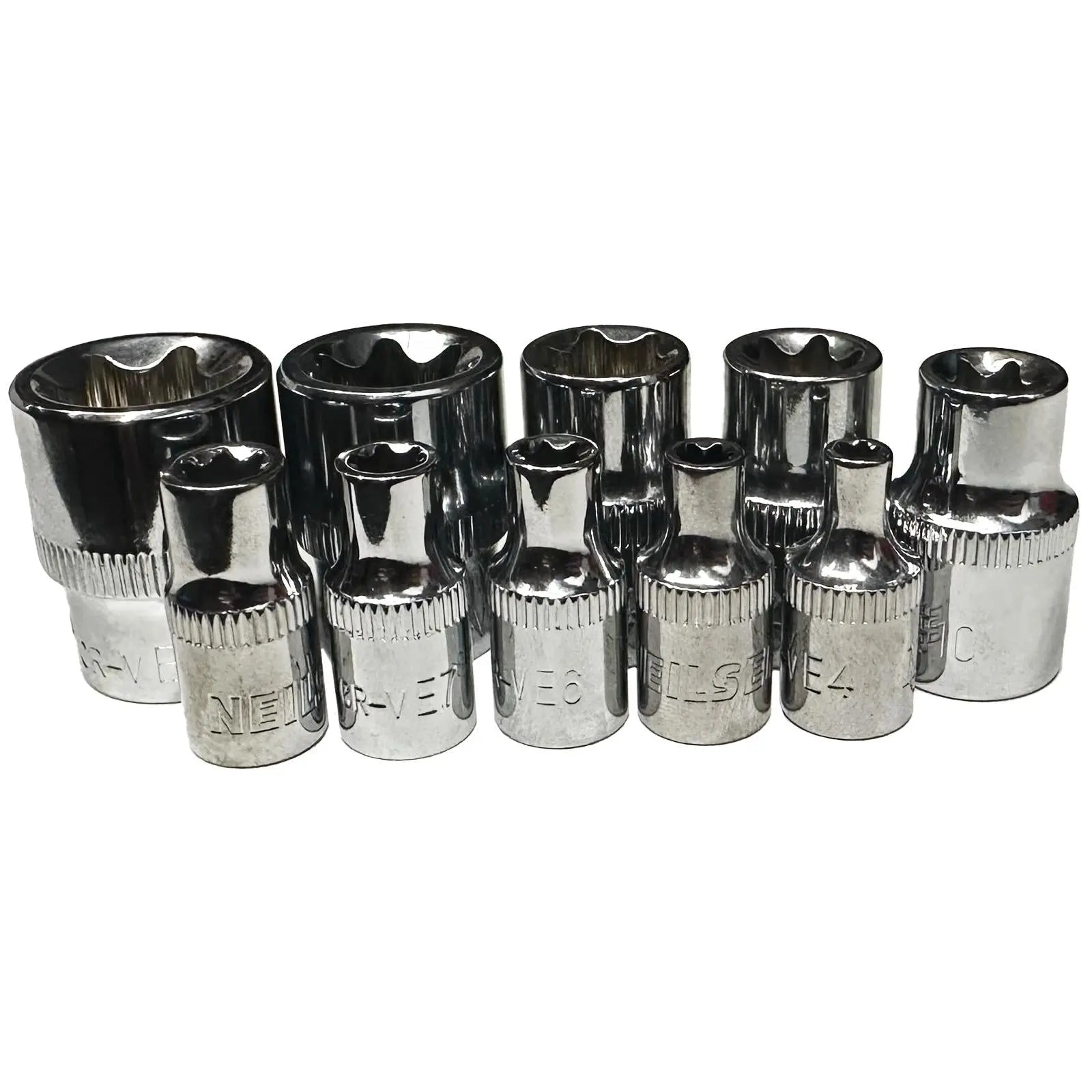 Neilsen Torx Star Socket Set Female External Socket Rail 1/4" 3/8" Drive E4-E16 10 Pieces  White Rose Tools