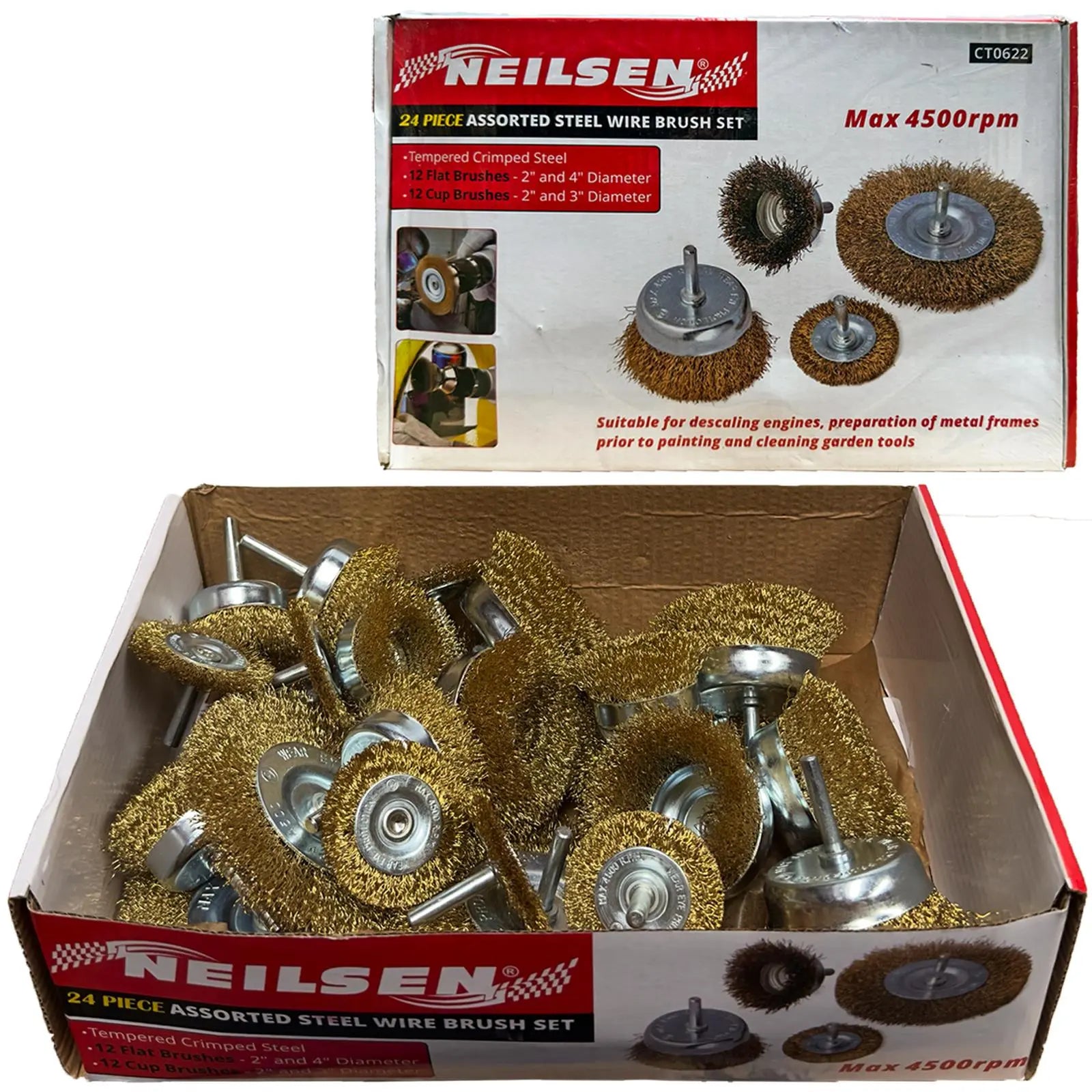 Neilsen Wire Brush Set Crimped Steel Flat Cup Drill Rust Paint Descaler 24pc  White Rose Tools