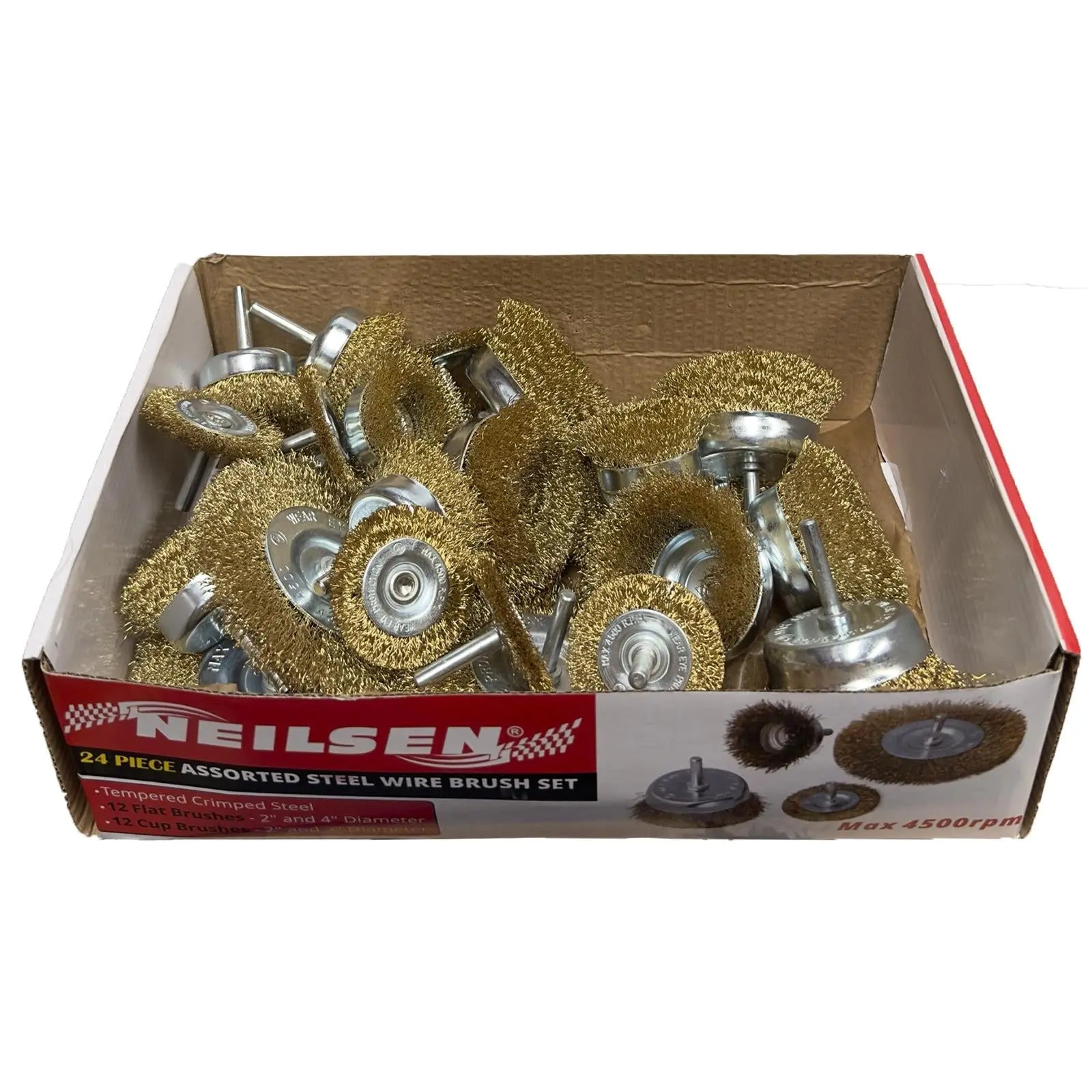 Neilsen Wire Brush Set Crimped Steel Flat Cup Drill Rust Paint Descaler 24pc  White Rose Tools