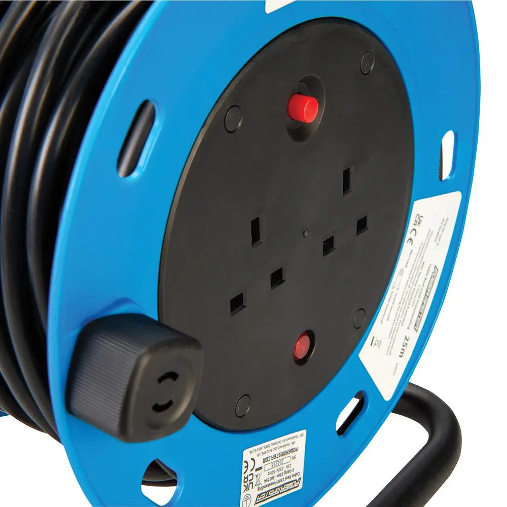 Powermaster Cable Reel Freestanding 13A 230V 2-Gang 25m 303754  White Rose Tools