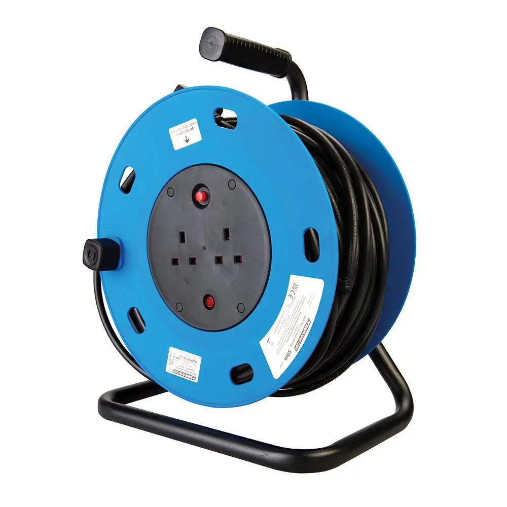 Powermaster Cable Reel Freestanding 13A 230V 2-Gang 50m 200084  White Rose Tools