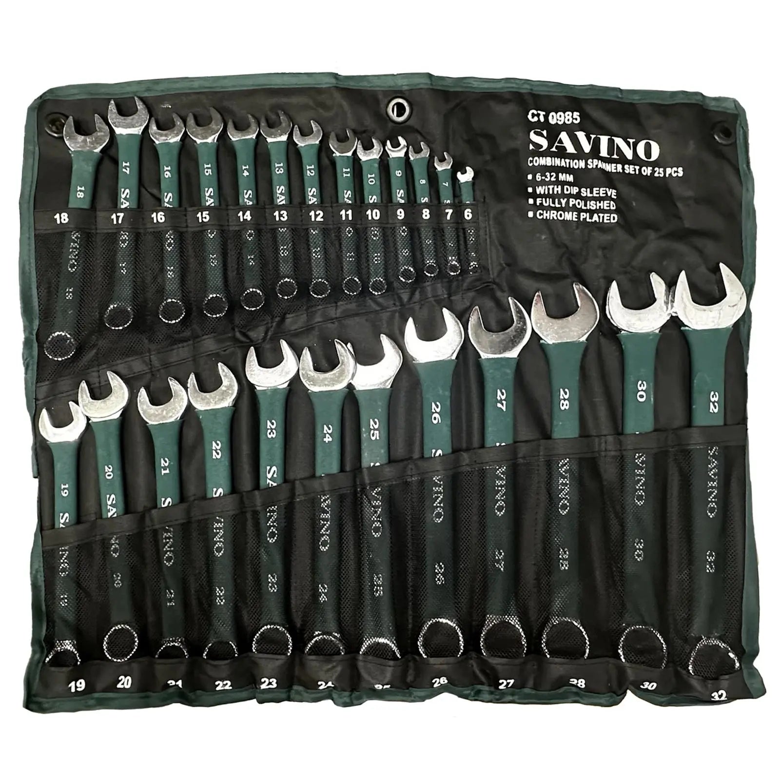 Savino Combination Spanner Set 6-32mm in Tool Roll 25 Piece Green Soft Grip Handle  White Rose Tools