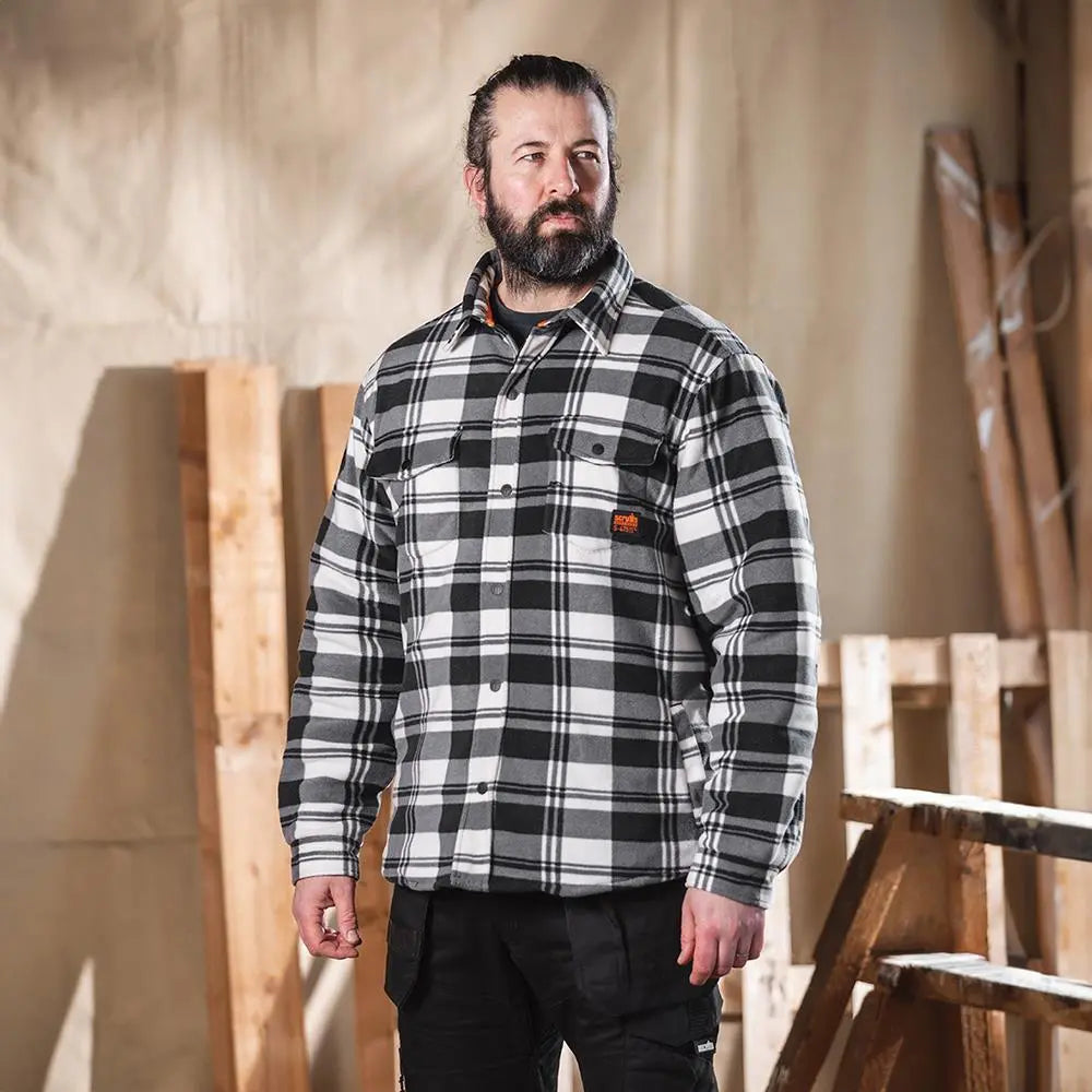 Scruffs Worker Padded Checked Shirt Black / White - Choose Size  White Rose Tools