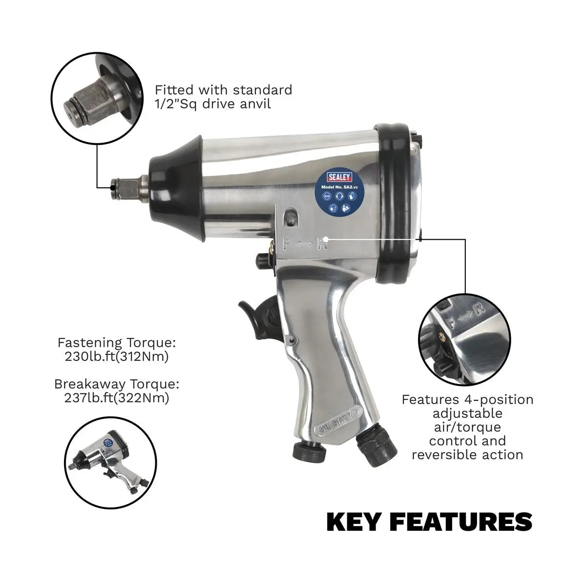 Sealey 1/2" Square Drive Air Impact Wrench 
