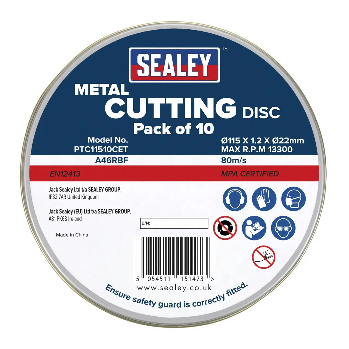 Sealey 10 Pack 115 x 1.2mm Stainless Steel Metal Cutting Discs in Tin Slitting Tinned  White Rose Tools