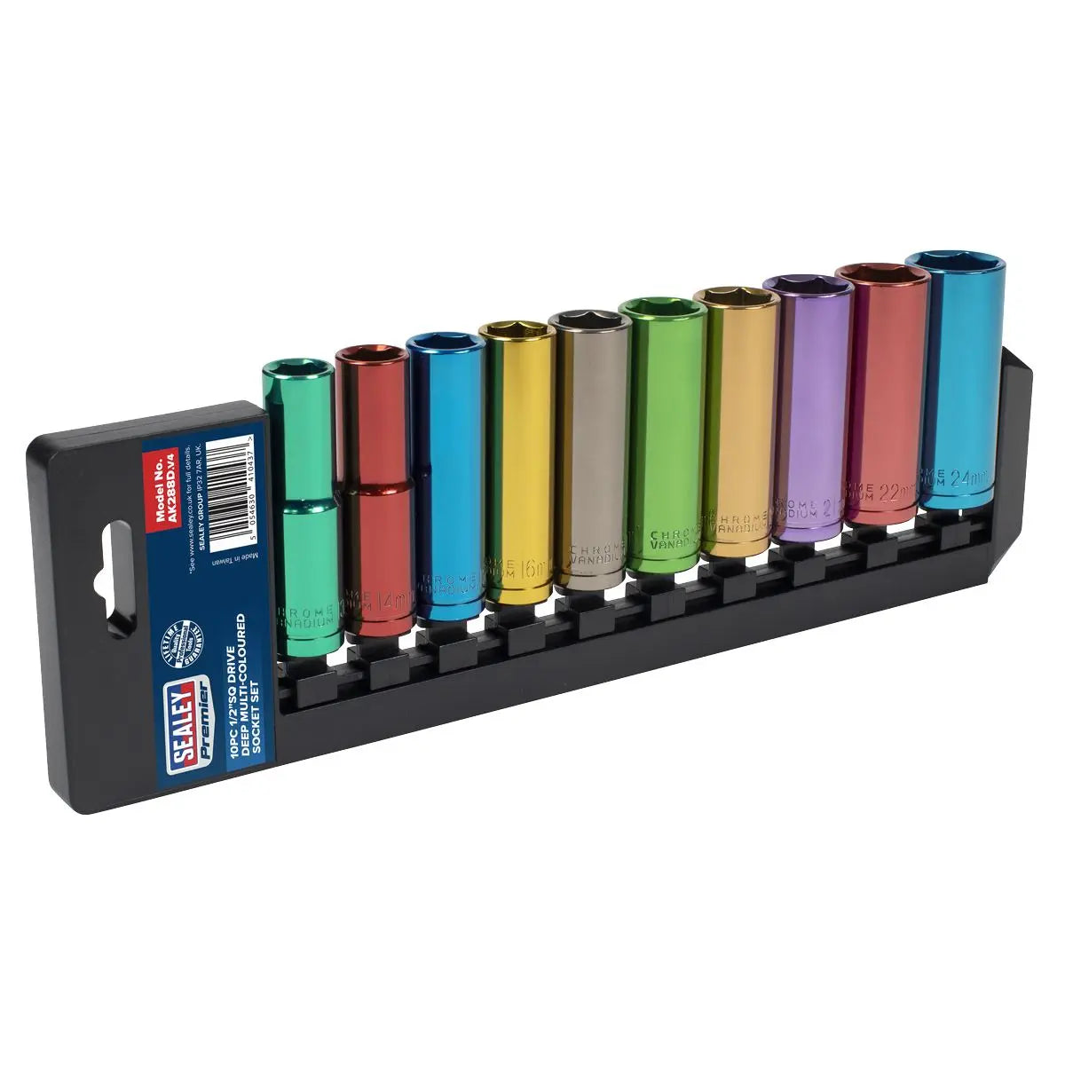 Sealey 10 Piece 1/2" Drive Coloured Deep Socket Set 13-24mm Hex 