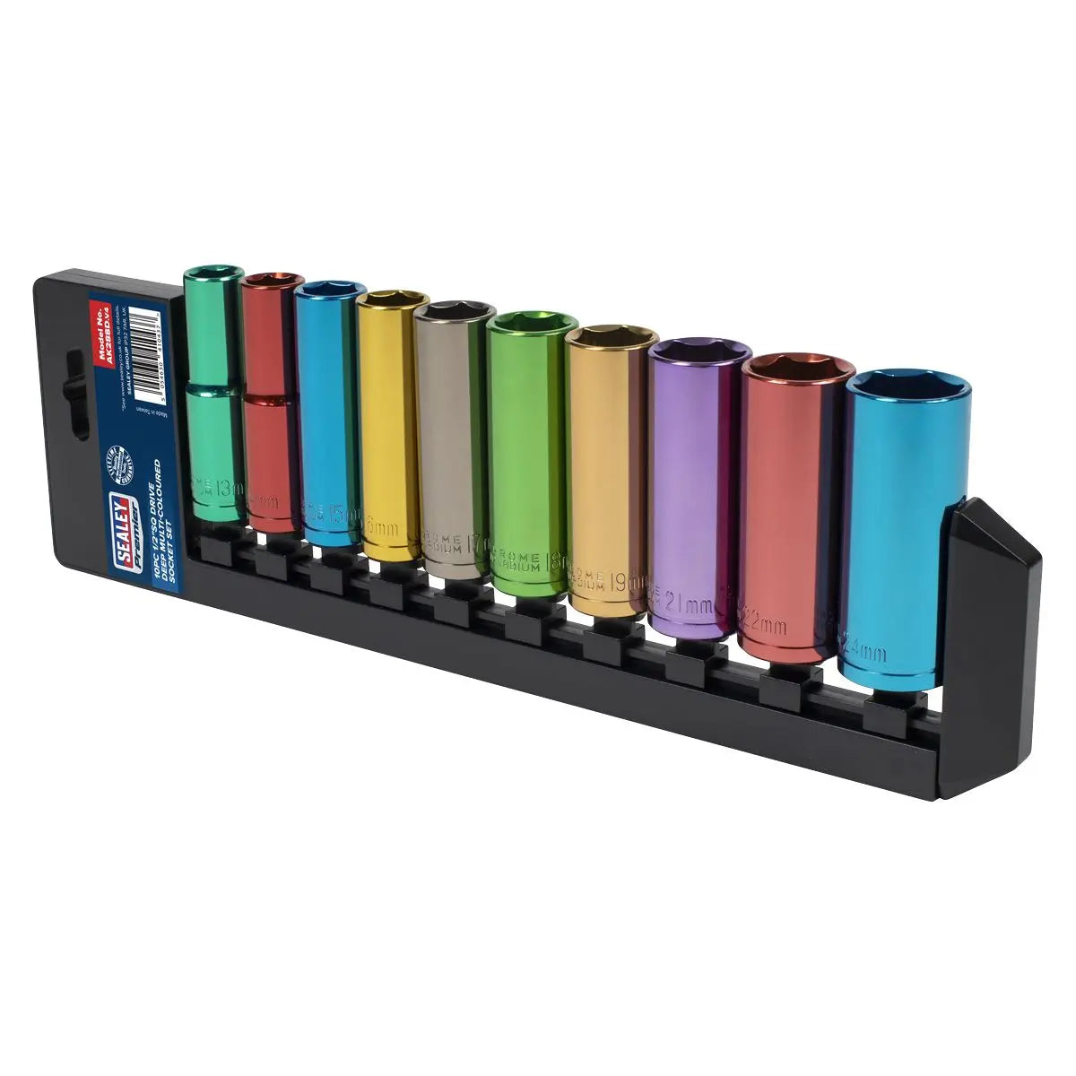 Sealey 10 Piece 1/2" Drive Coloured Deep Socket Set 13-24mm Hex 