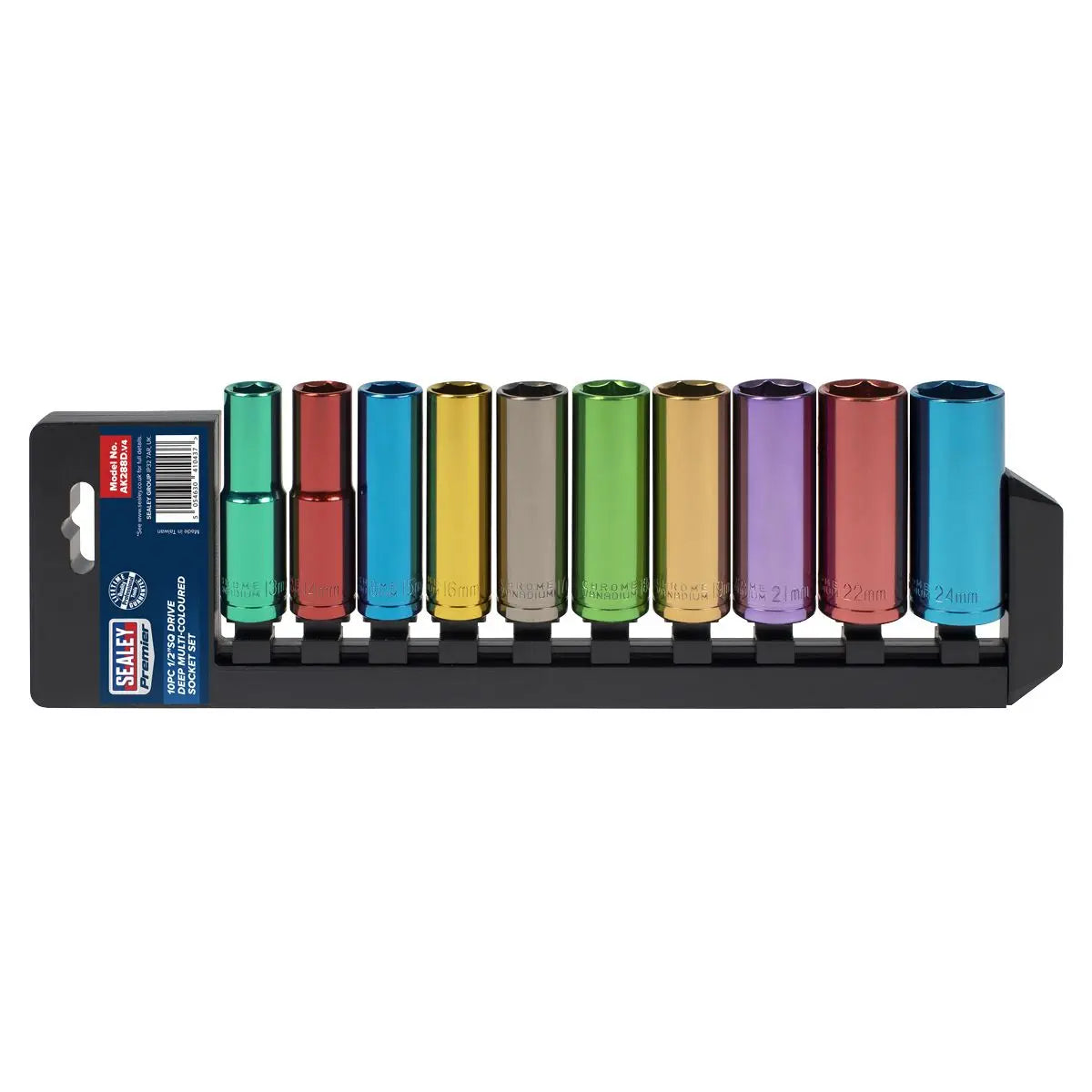 Sealey 10 Piece 1/2" Drive Coloured Deep Socket Set 13-24mm Hex 