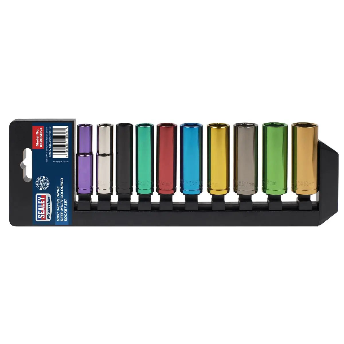 Sealey 10 Piece 3/8" Drive Coloured Deep Socket Set 10-19mm Hex 