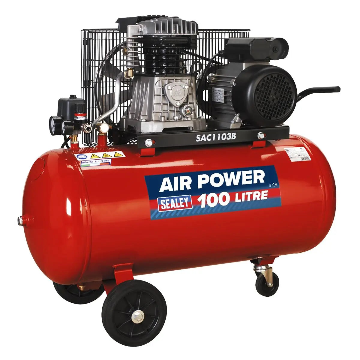 Sealey 100L Belt Drive Air Compressor with Cast Cylinders & Wheels 3hp 
