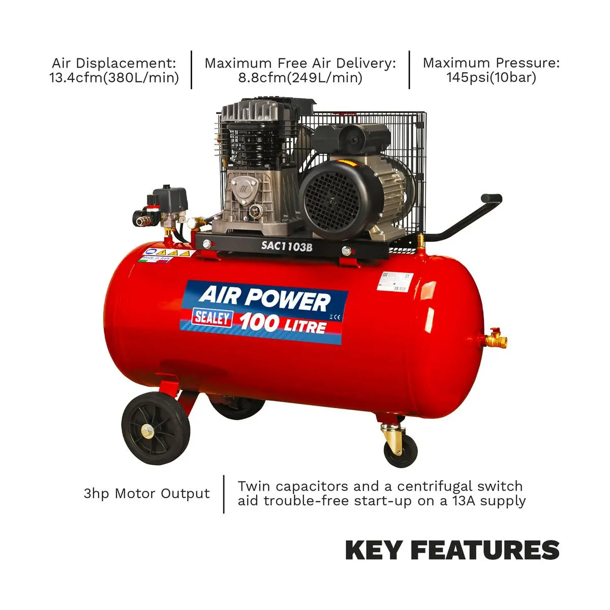 Sealey 100L Belt Drive Air Compressor with Cast Cylinders & Wheels 3hp 