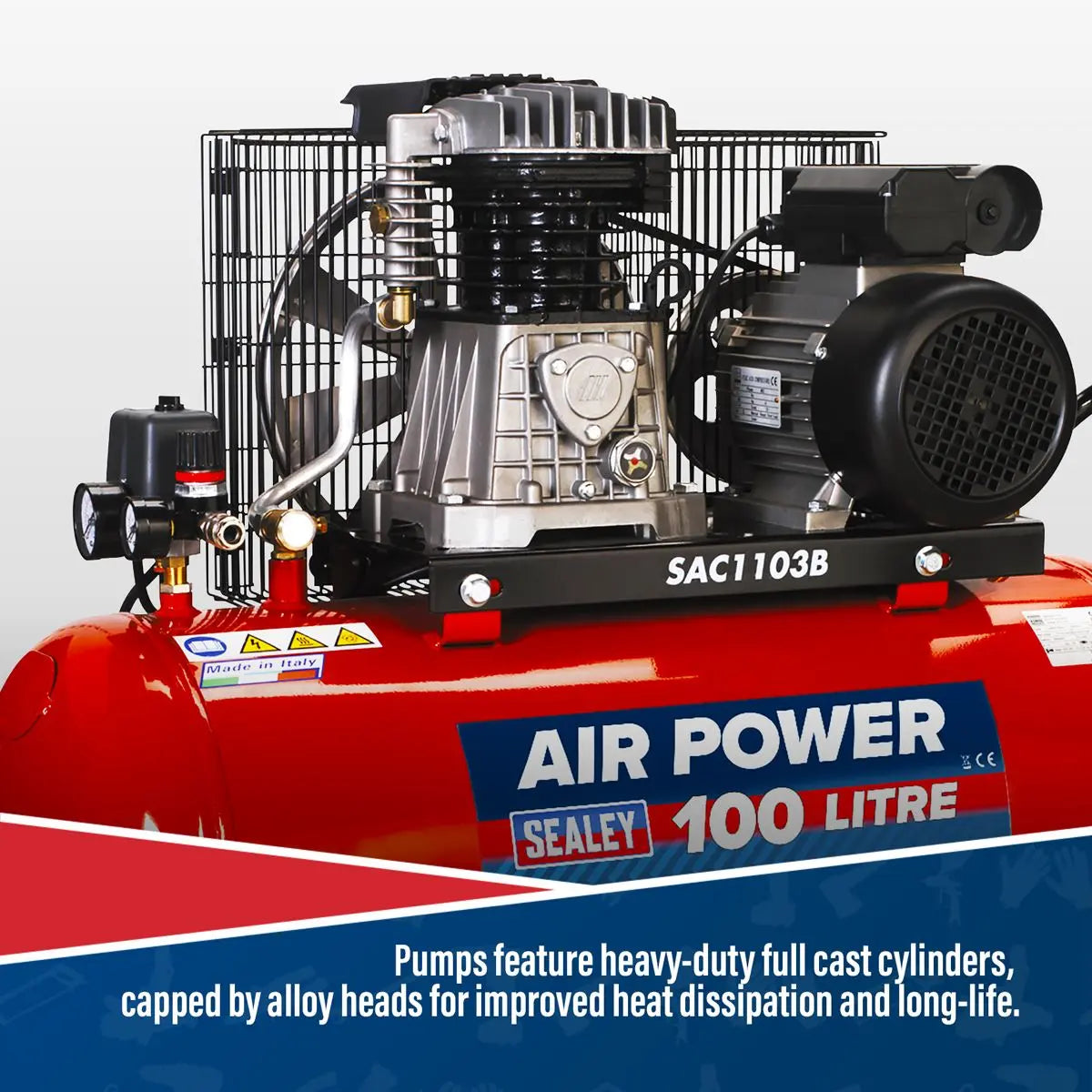 Sealey 100L Belt Drive Air Compressor with Cast Cylinders & Wheels 3hp 
