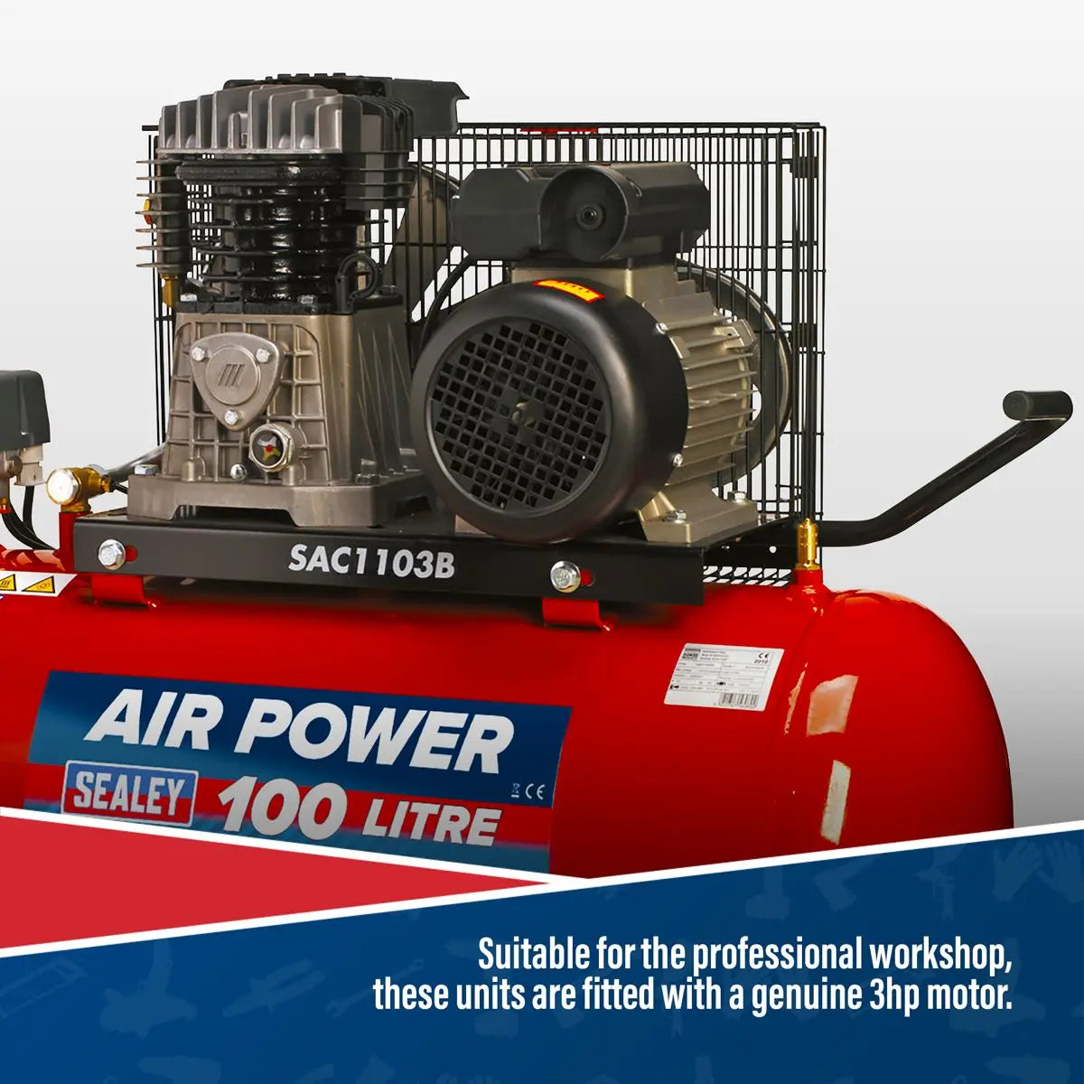 Sealey 100L Belt Drive Air Compressor with Cast Cylinders & Wheels 3hp 