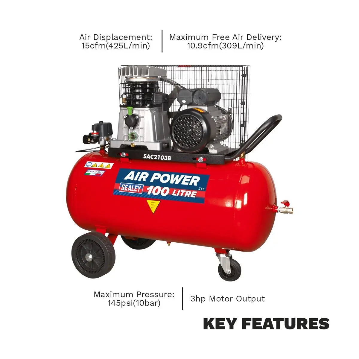 Sealey 100L Belt Drive Air Compressor with Cast Cylinders & Wheels 3hp 