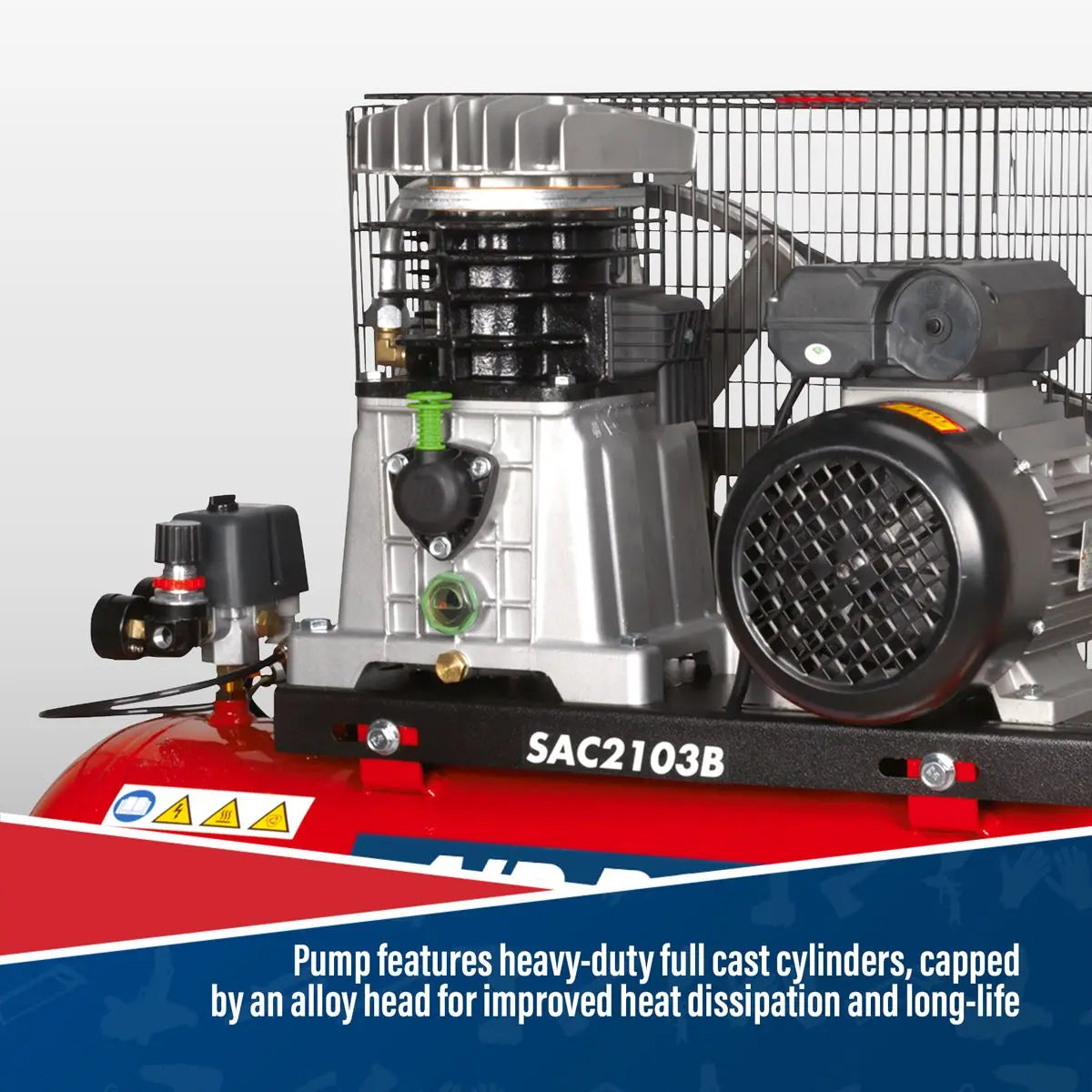 Sealey 100L Belt Drive Air Compressor with Cast Cylinders & Wheels 3hp 