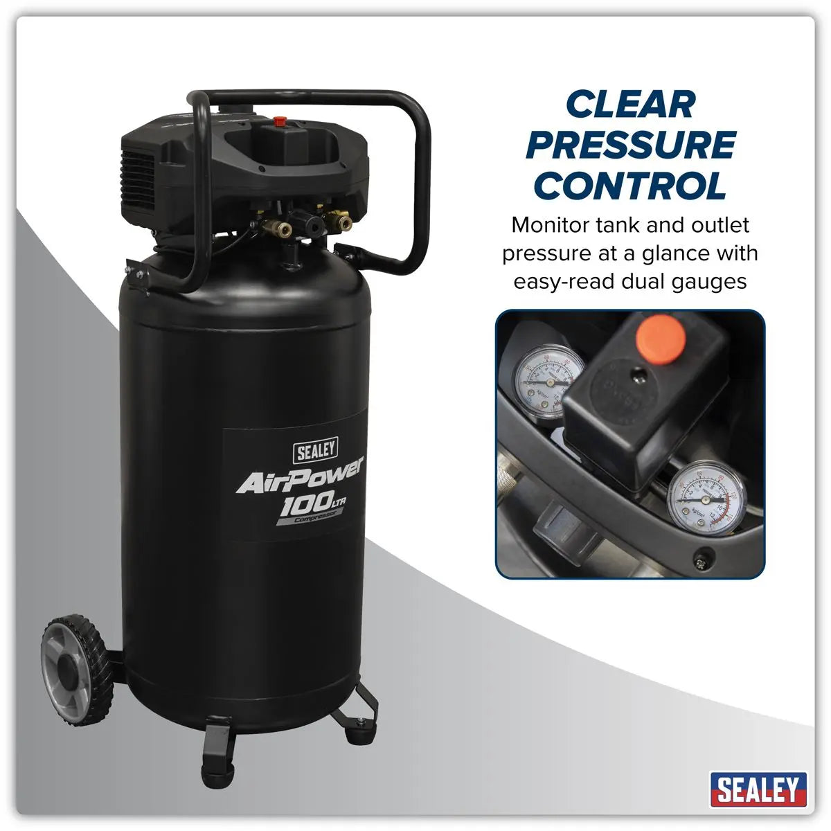 Sealey 100L Oil Free Belt Drive Vertical Compressor 2.5hp  White Rose Tools