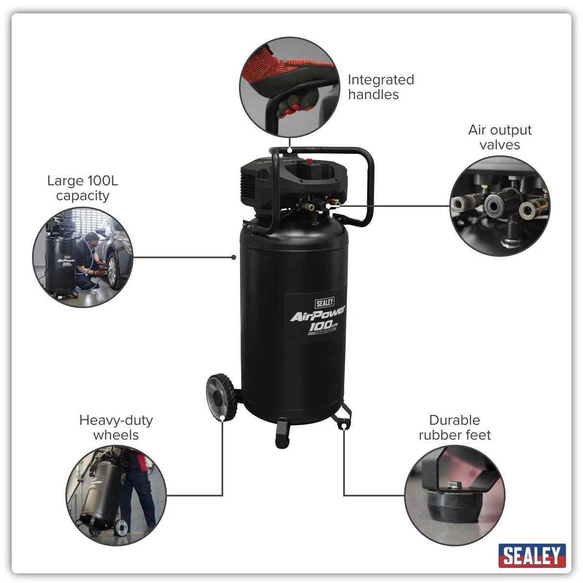 Sealey 100L Oil Free Belt Drive Vertical Compressor 2.5hp  White Rose Tools