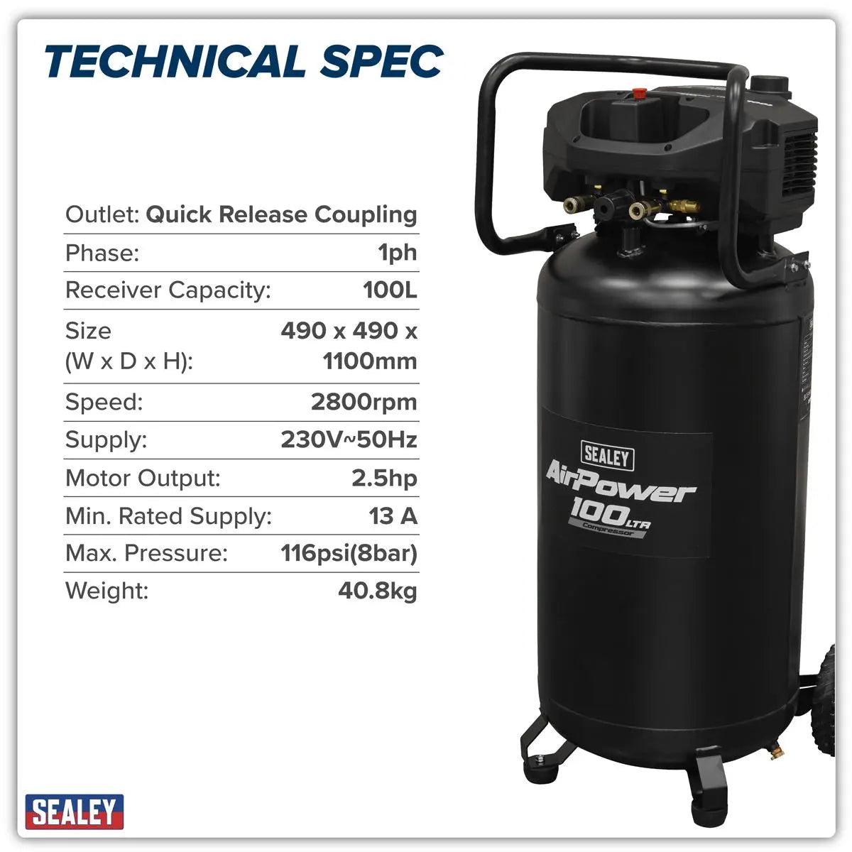Sealey 100L Oil Free Belt Drive Vertical Compressor 2.5hp  White Rose Tools