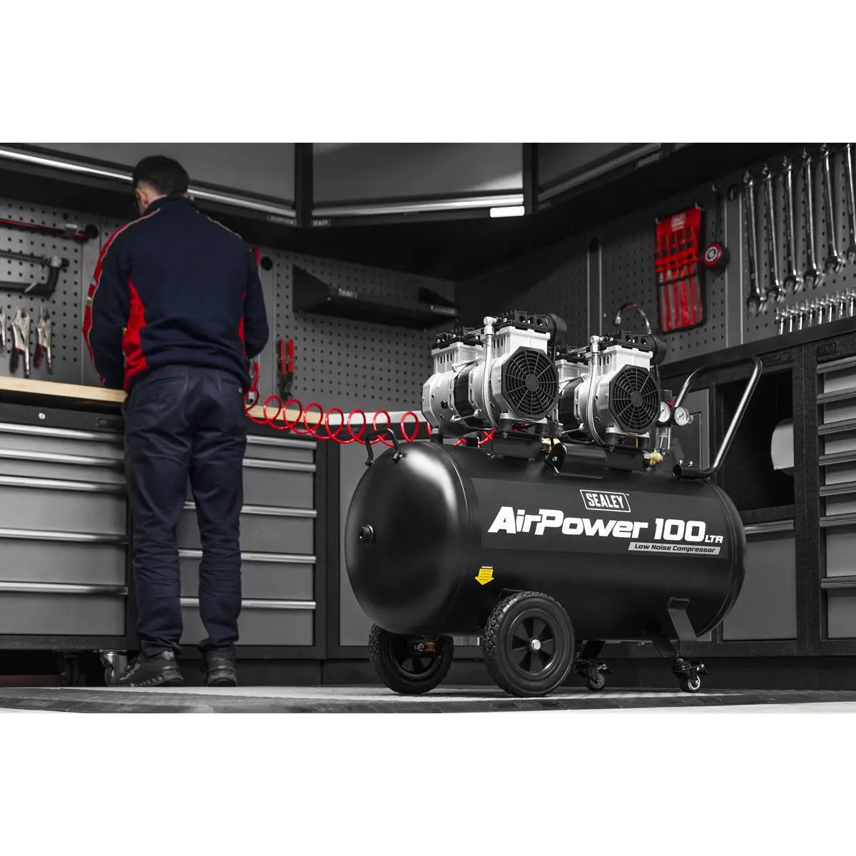 Sealey 100L Oil Free Low Noise Direct Drive Air Compressor 2 x 2hp  White Rose Tools