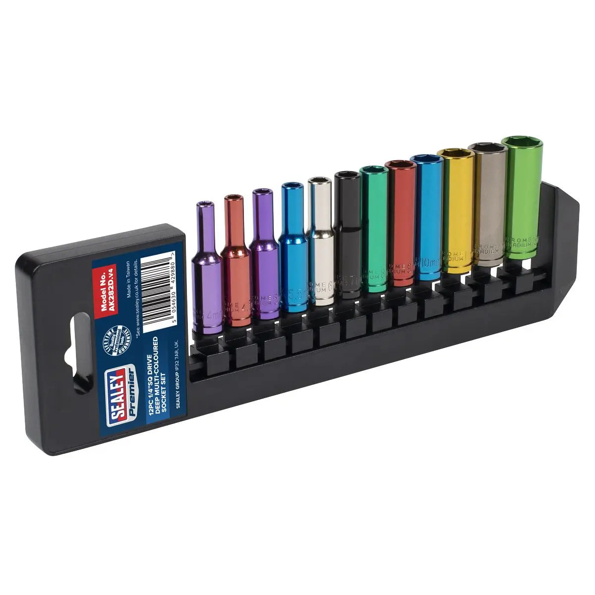 Sealey 12 Piece 1/4" Drive Coloured Deep Socket Set 4-13mm WallDrive 