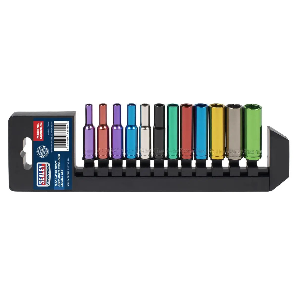 Sealey 12 Piece 1/4" Drive Coloured Deep Socket Set 4-13mm WallDrive 