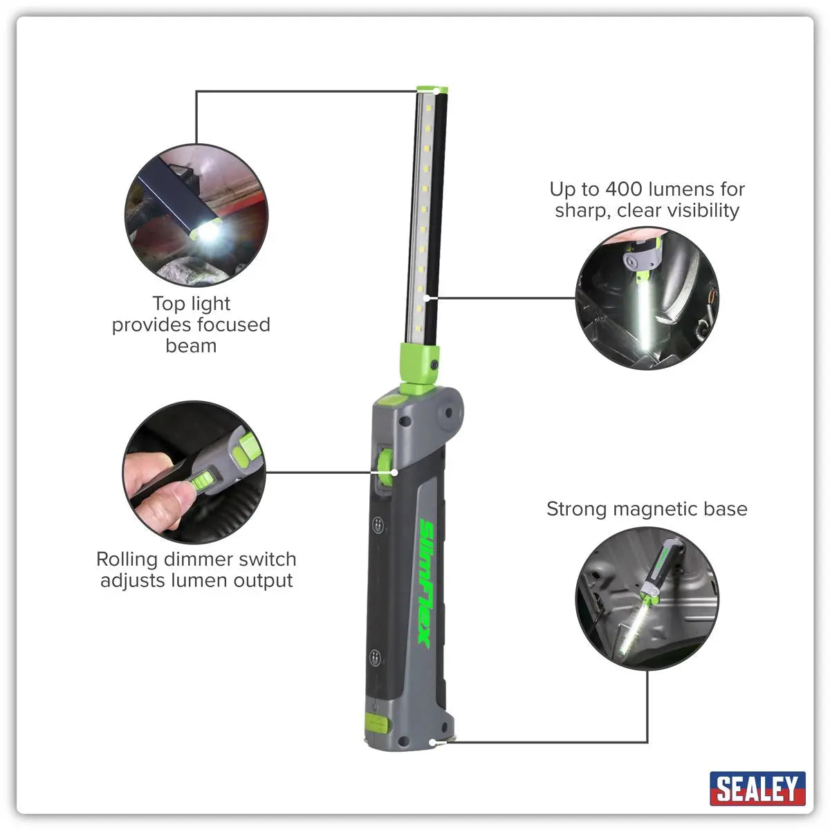 Sealey 12 SMD LED + 1W LED Rechargeable Slim Inspection Lamp Magnetic Base 400 Lumens  White Rose Tools