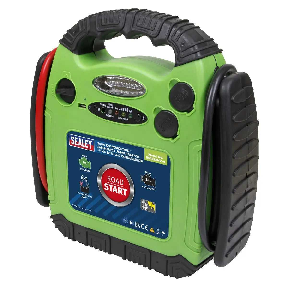 Sealey 12V RoadStart Emergency Power Pack 900 Peak Amps with Air Compressor Hi-Vis 