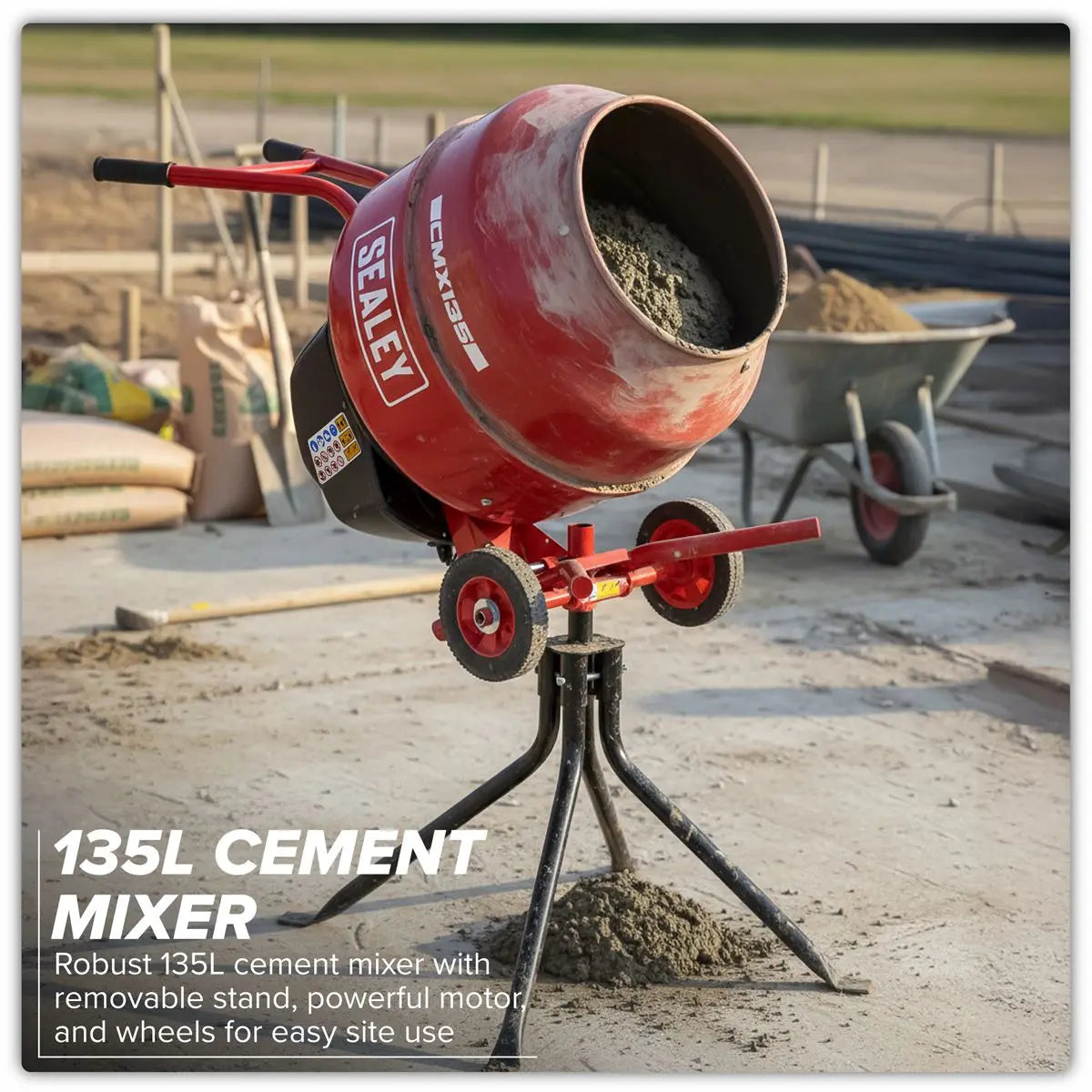 Sealey 135L Cement Mixer with Stand 550W  White Rose Tools
