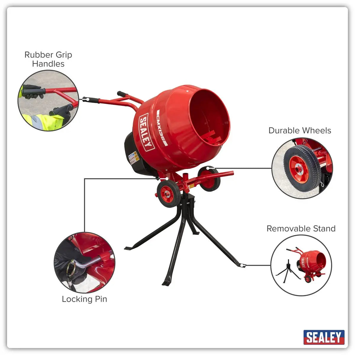 Sealey 135L Cement Mixer with Stand 550W  White Rose Tools