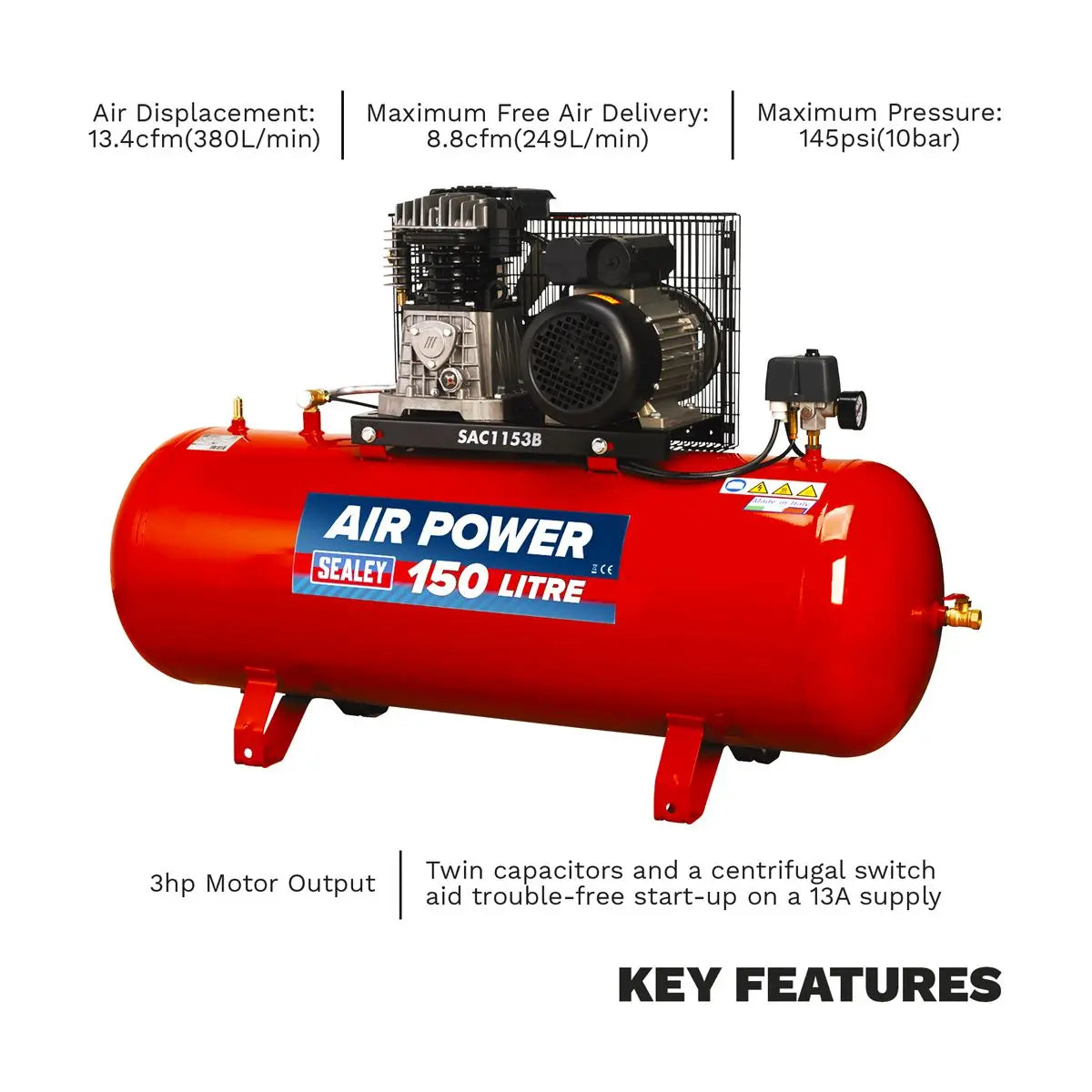 Sealey 150L Belt Drive Air Compressor with Cast Cylinders 3hp 