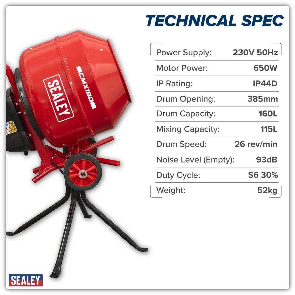 Sealey 160L Cement Mixer with Stand 650W  White Rose Tools