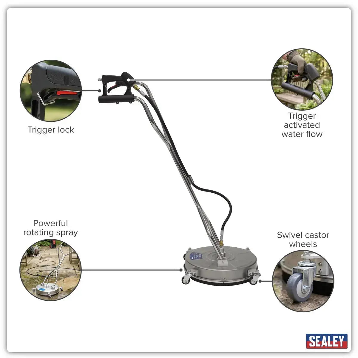 Sealey 18" Surface Cleaner with Dual Handle & Rotating Spray Bar - Stainless Steel  White Rose Tools