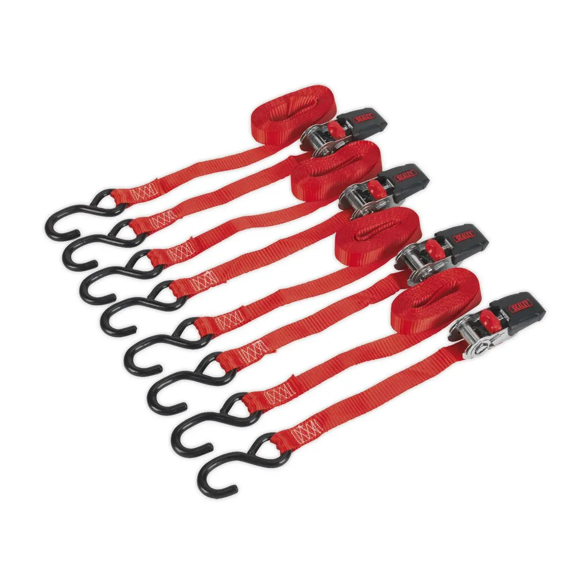 Sealey 2 Pairs 25mm x 4m Ratchet Tie Down Cargo Lash with S Hooks 800kg Securing 