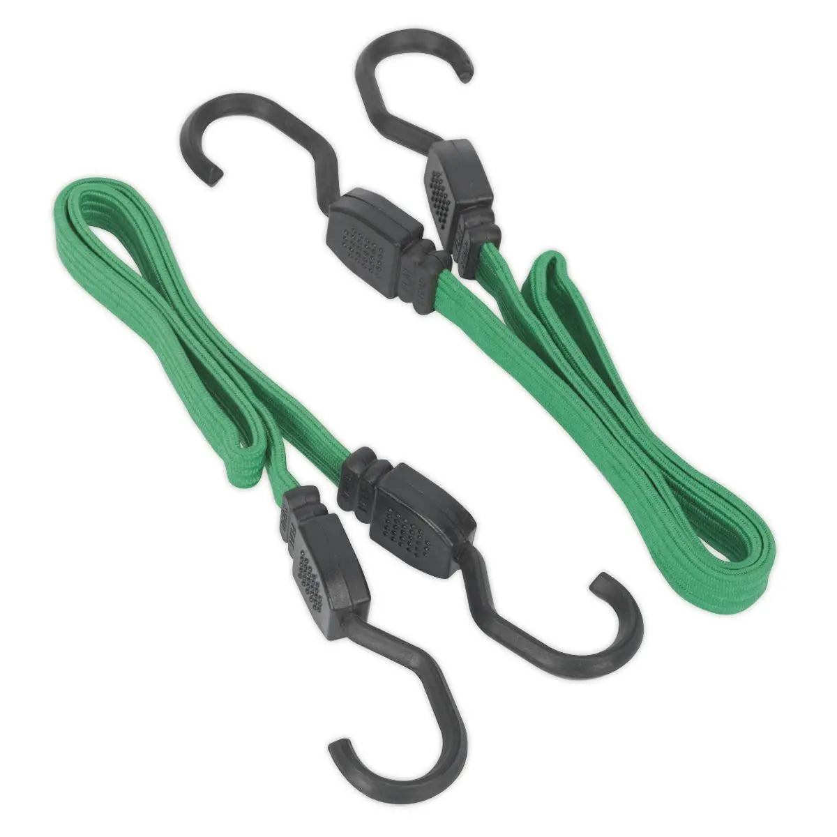 Sealey 2 Piece Flat Bungee Cord Set Green 610mm-1300mm Heavy-Duty Steel Hooks 