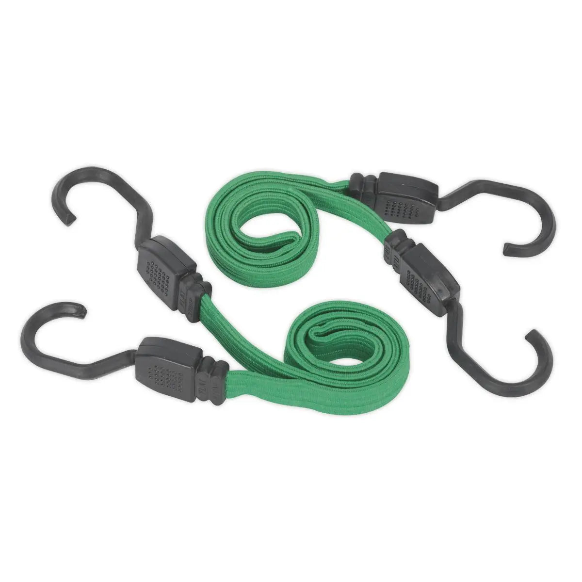 Sealey 2 Piece Flat Bungee Cord Set Green 610mm-1300mm Heavy-Duty Steel Hooks 