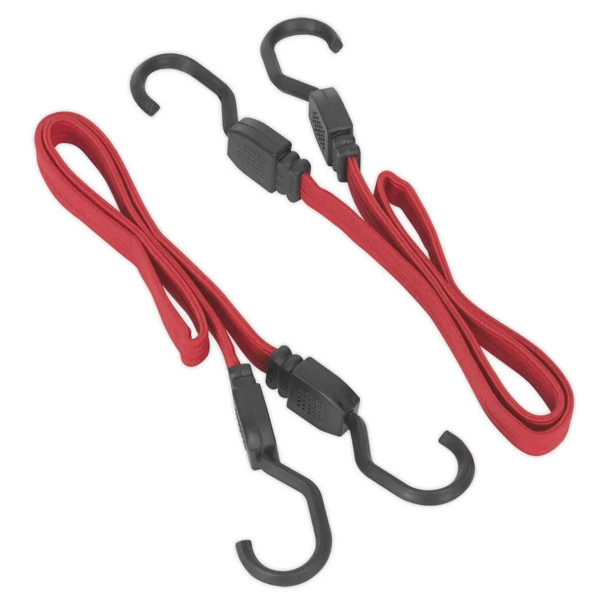 Sealey 2 Piece Flat Bungee Cord Set Red 760mm-2000mm Heavy-Duty Steel Hooks Tie 