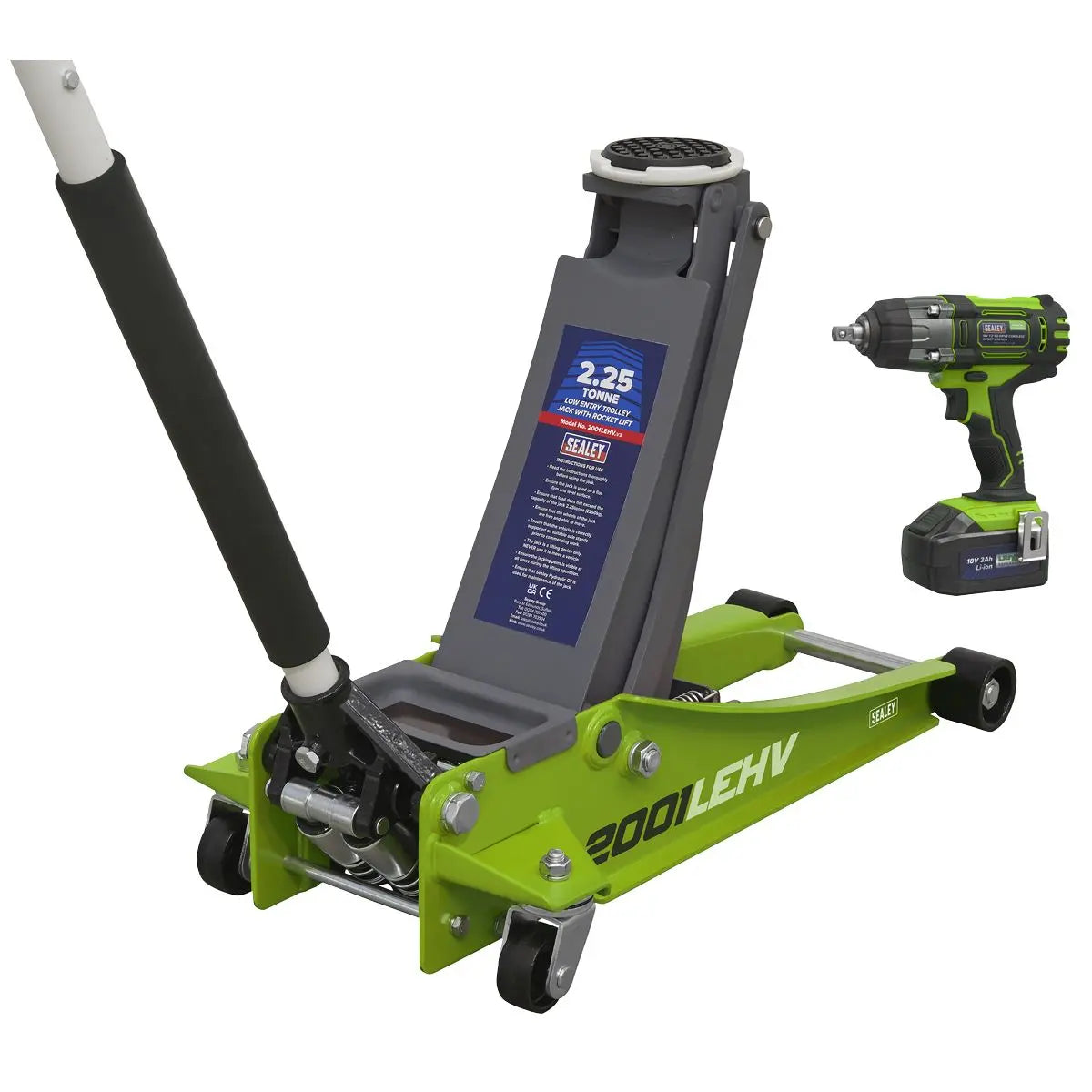 Sealey 2.2 Tonne Trolley Jack & 18V Cordless Impact Wrench - Green  White Rose Tools
