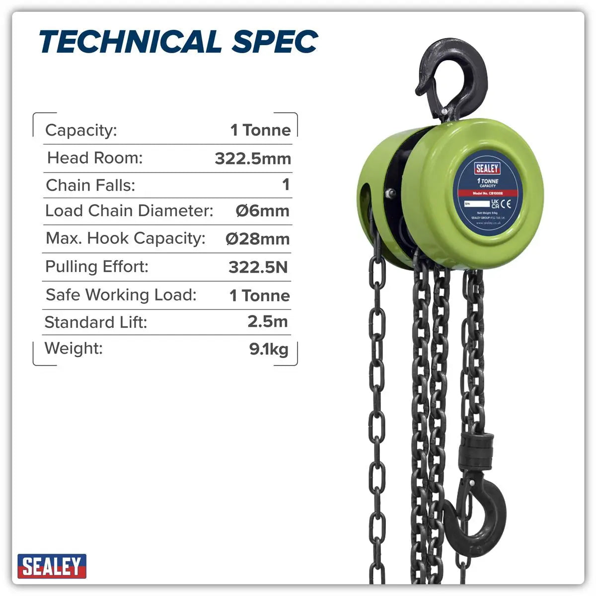 Sealey 2.5m Chain Block 1 Tonne  White Rose Tools