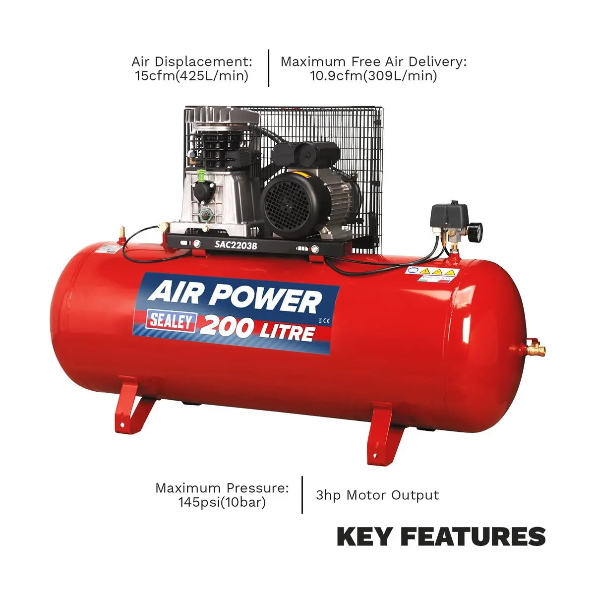 Sealey 200L Belt Drive Air Compressor with Cast Cylinders 3hp 