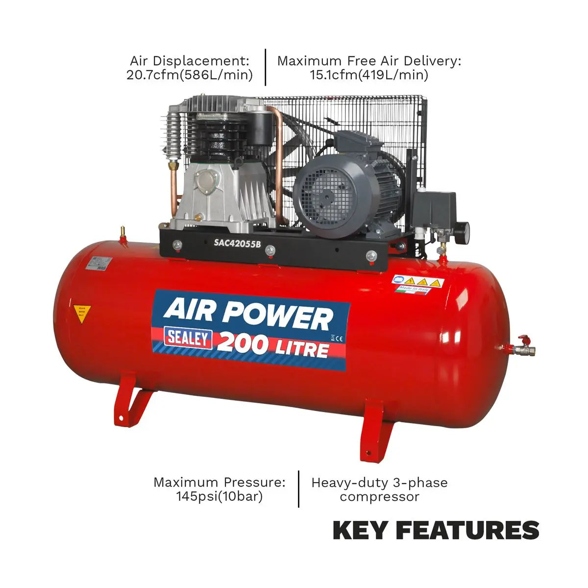 Sealey 200L Belt Drive Air Compressor with Cast Cylinders 5.5hp 3ph 2-Stage 