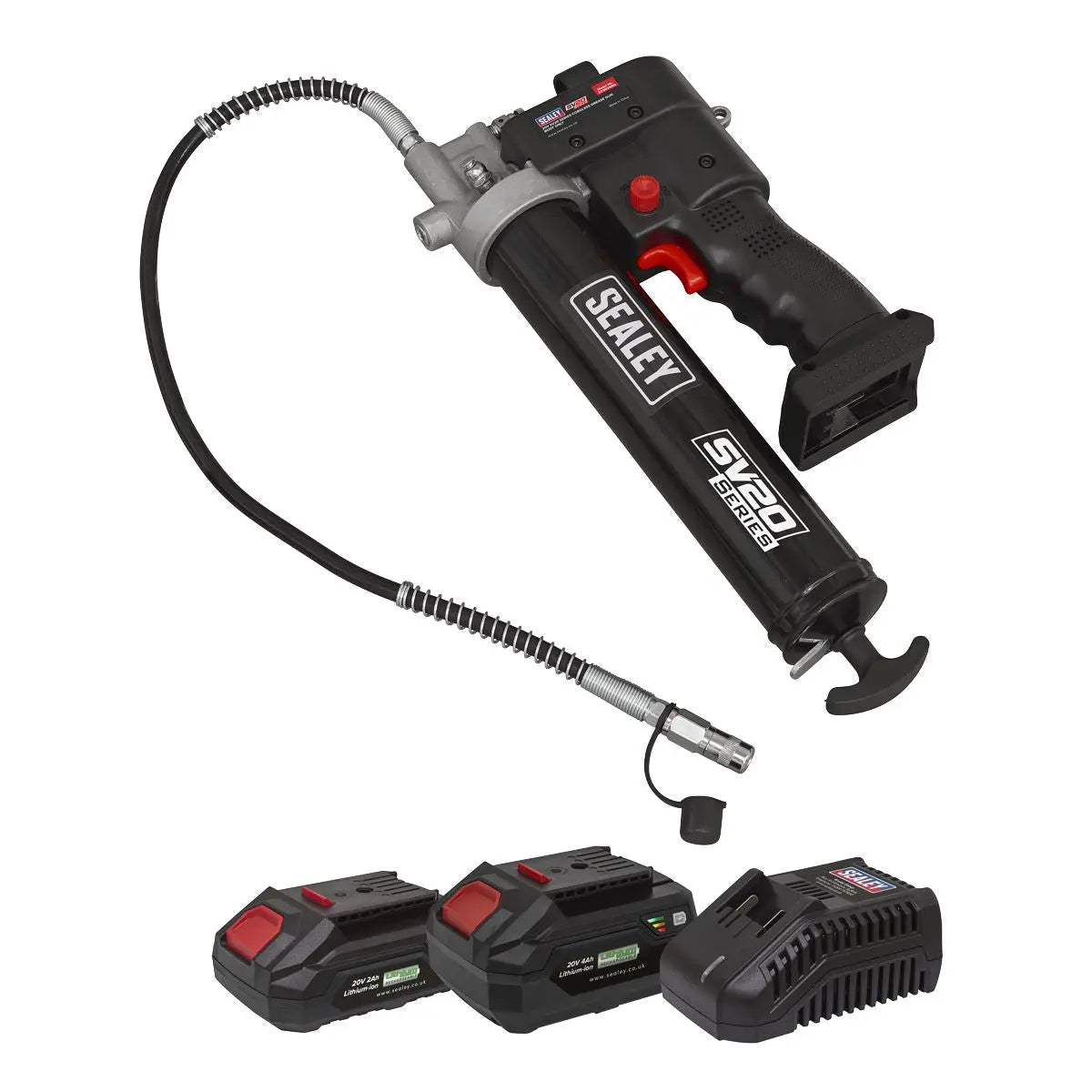 Sealey 20V SV20 Series Grease Gun Kit - 2 Batteries  White Rose Tools