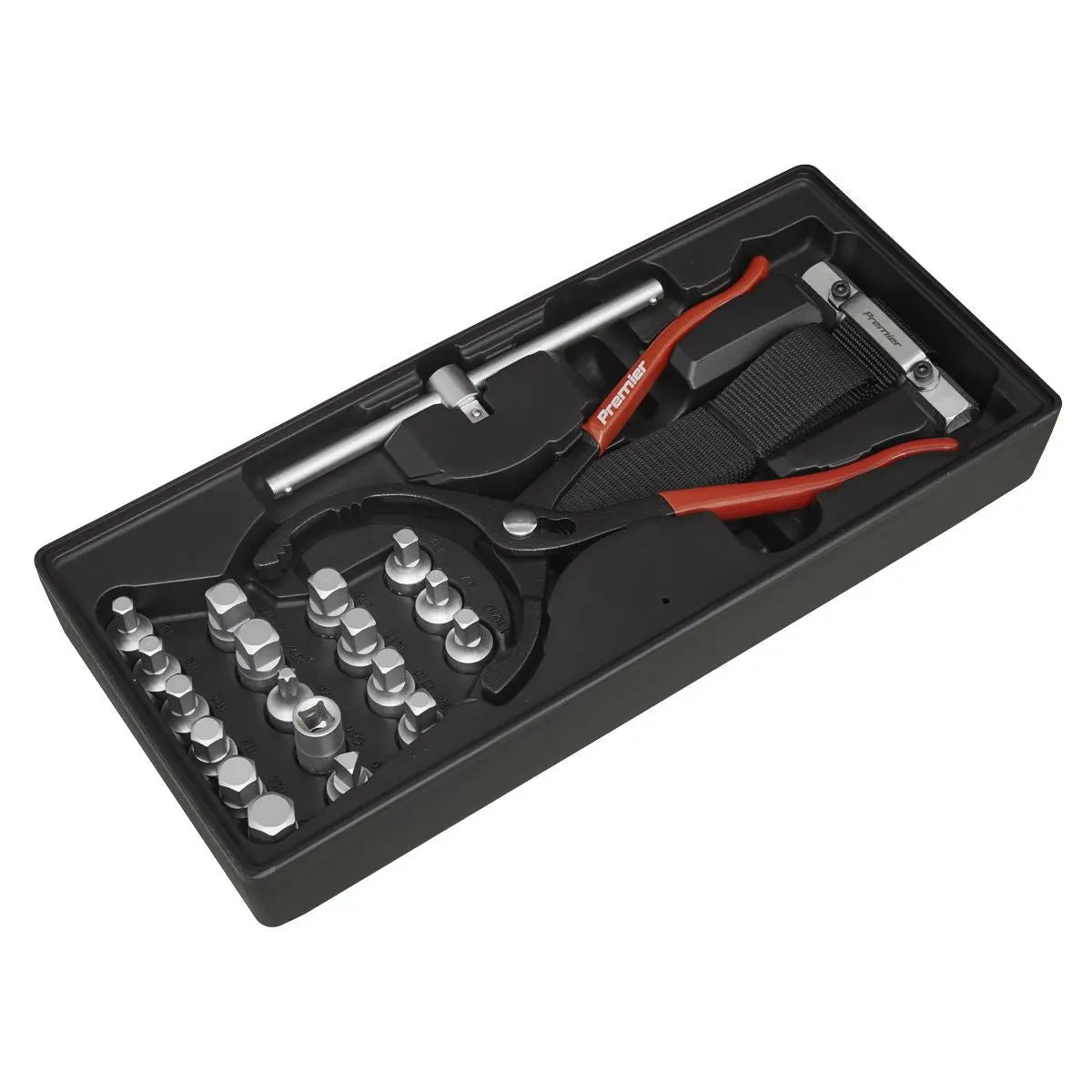 Sealey 21 Piece Oil Filter Wrench, Pliers & Drain Key Set with Tool Tray 